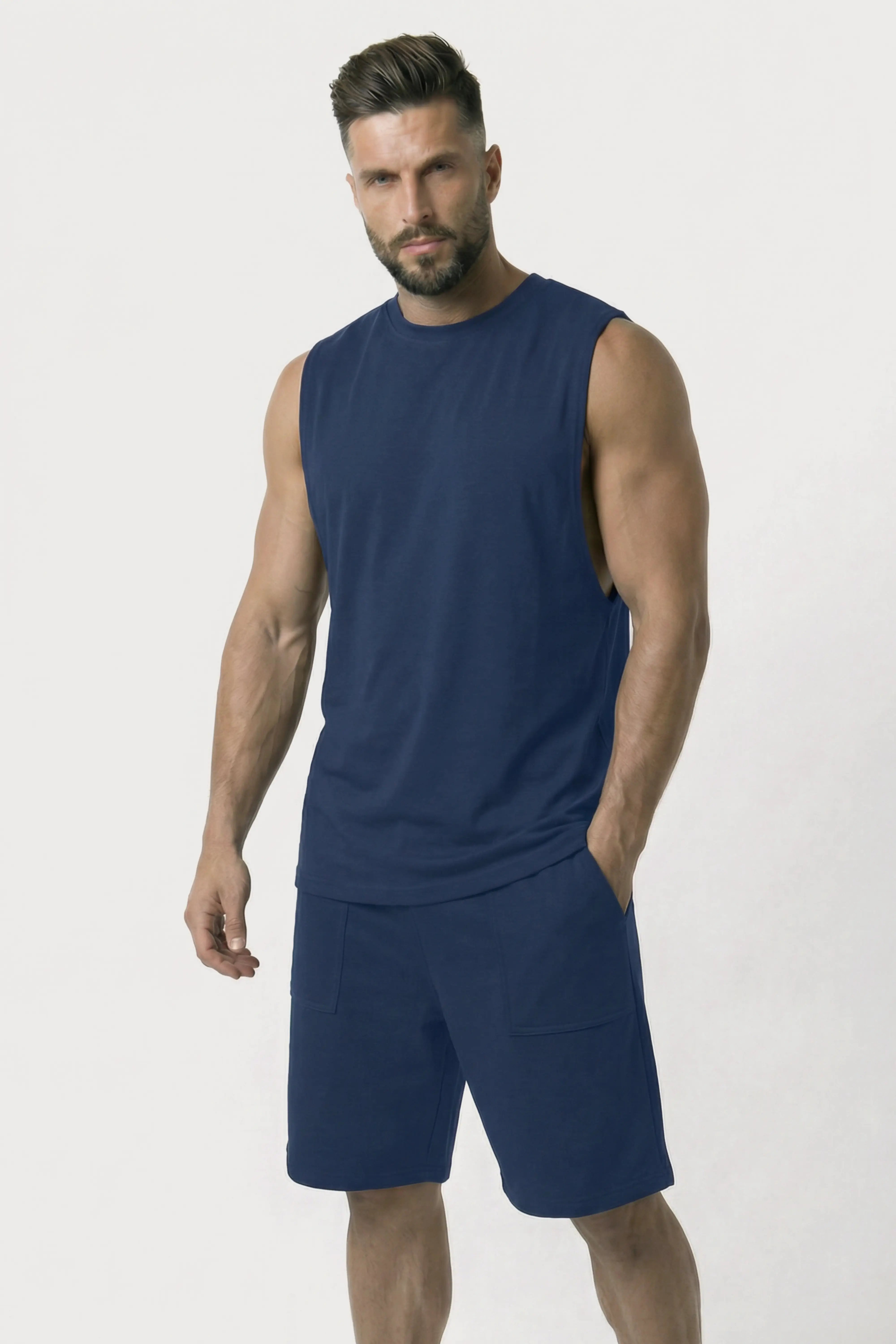Men’s Blue dropped armhole bamboo cotton tank