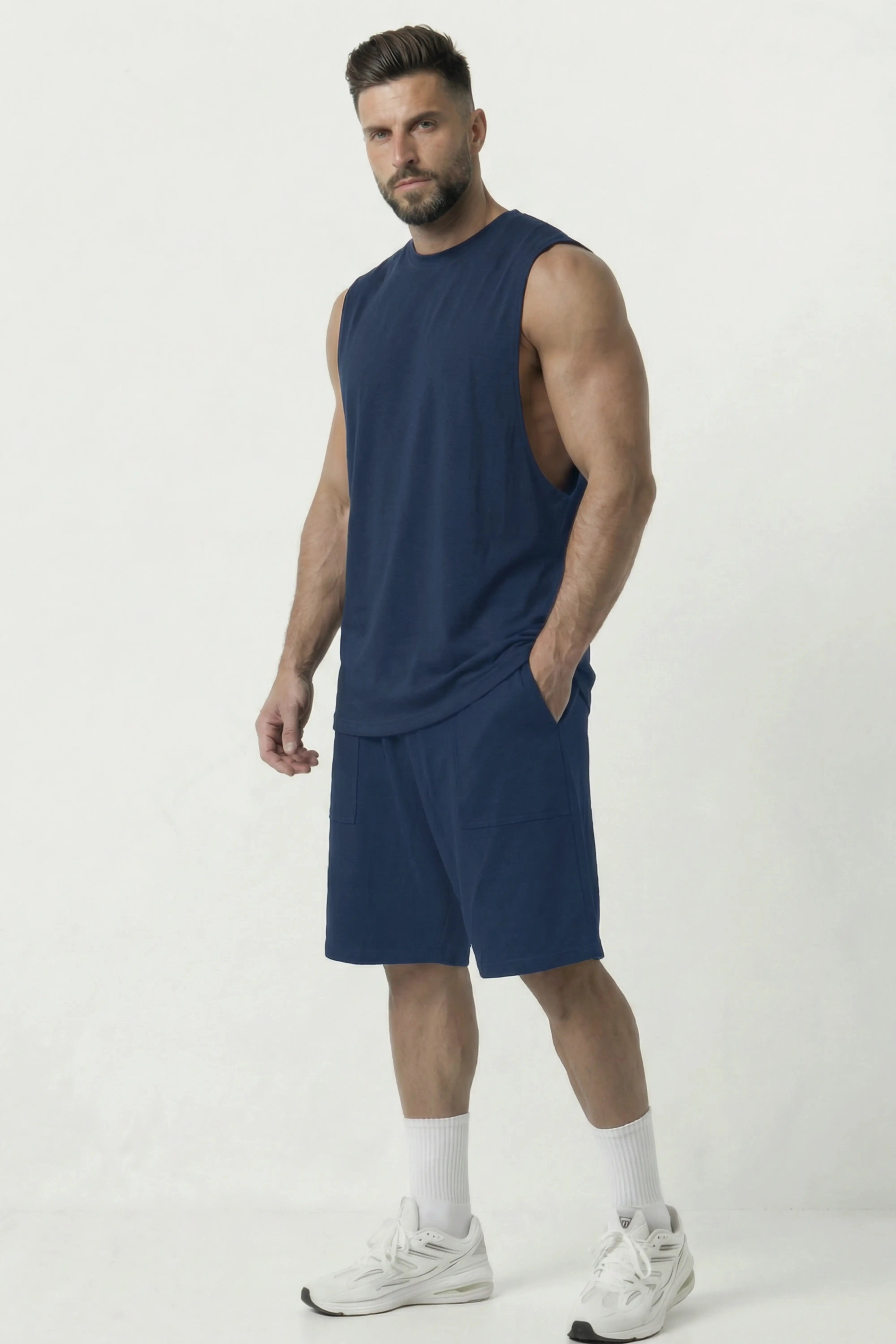 Men’s Blue dropped armhole bamboo cotton tank