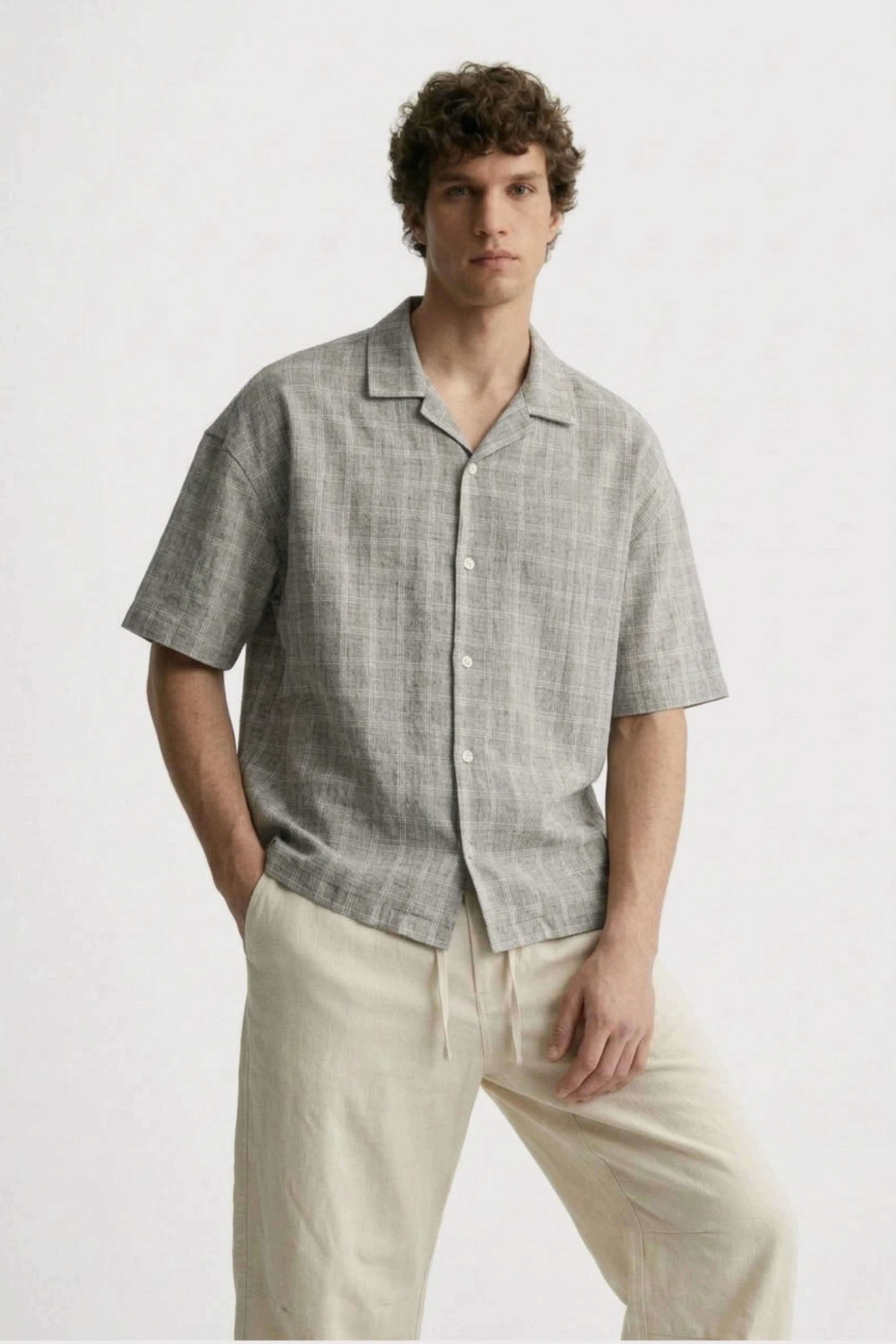 Men’s grey checked loosefit camp collar cotton shirt