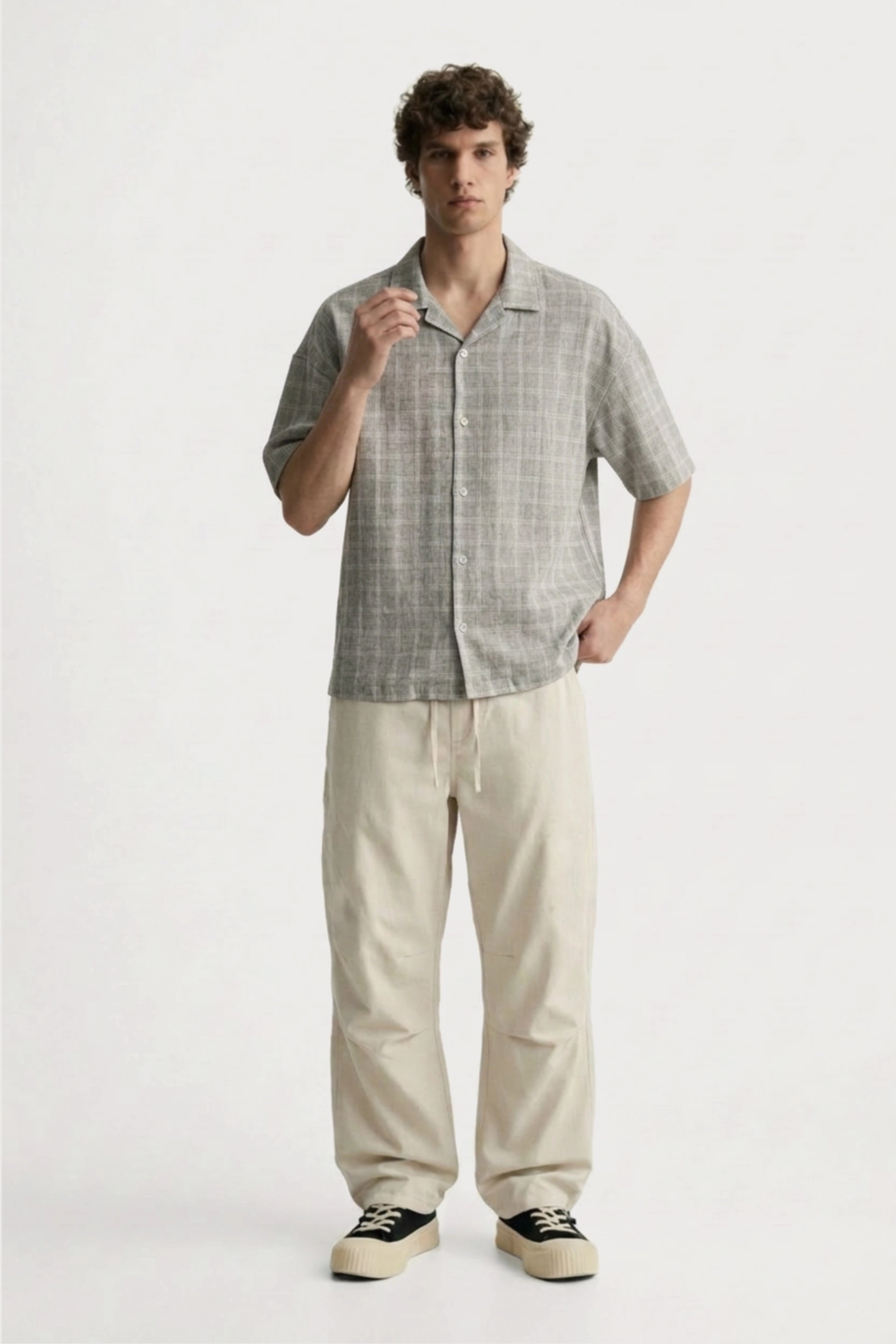 Men’s grey checked loosefit camp collar cotton shirt