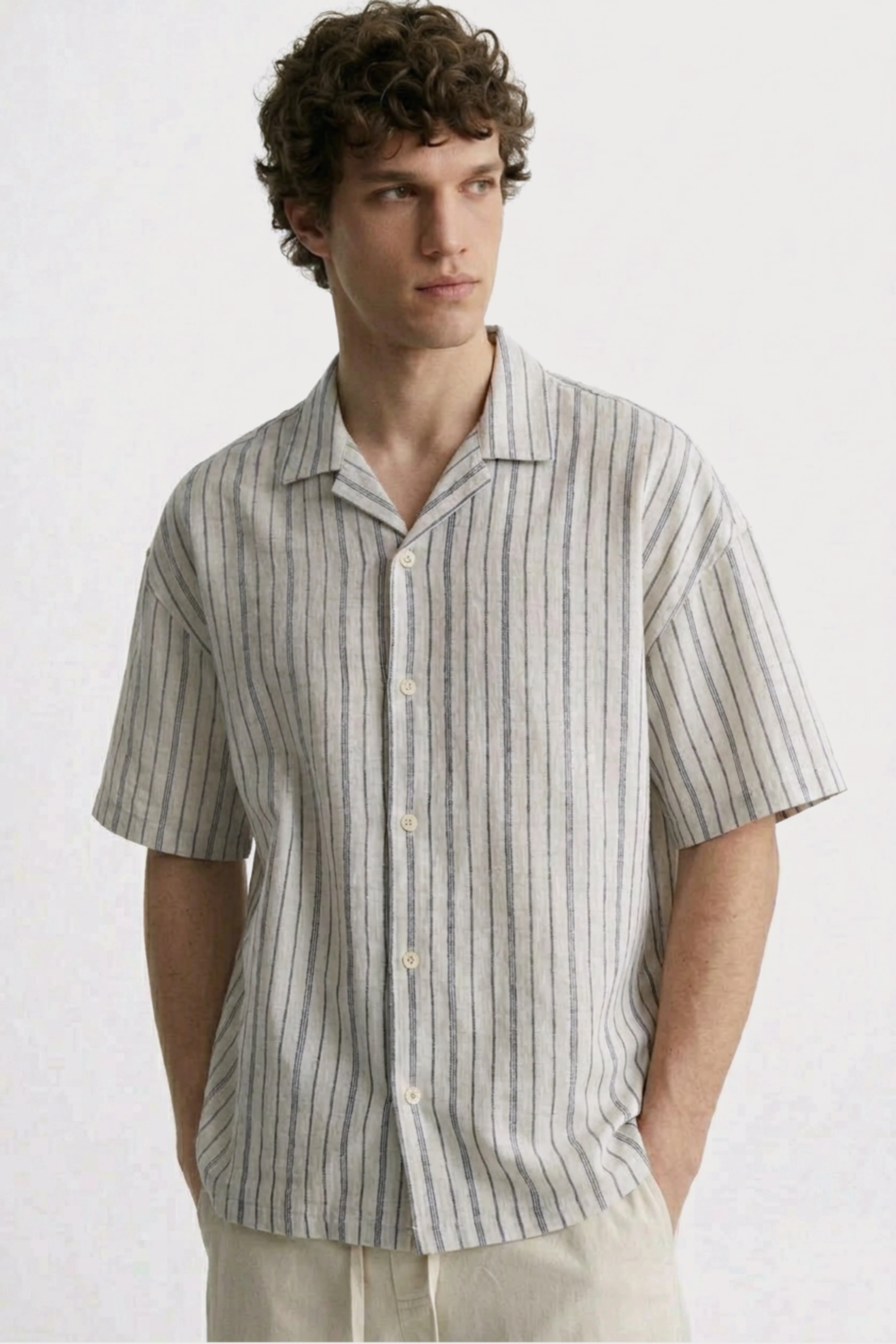 Men’s grey striped loosefit camp collar cotton shirt