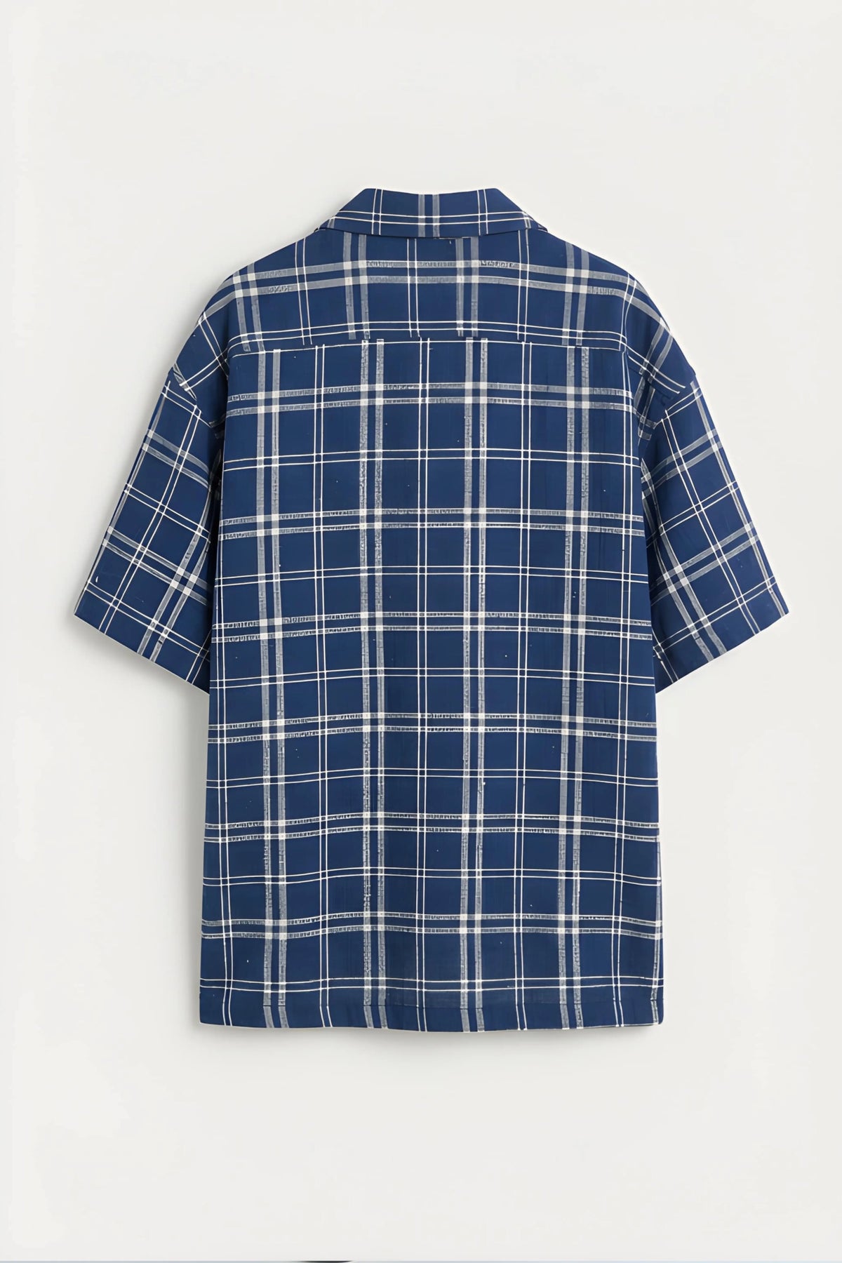 Men’s navy blue checked loosefit camp collar cotton shirt