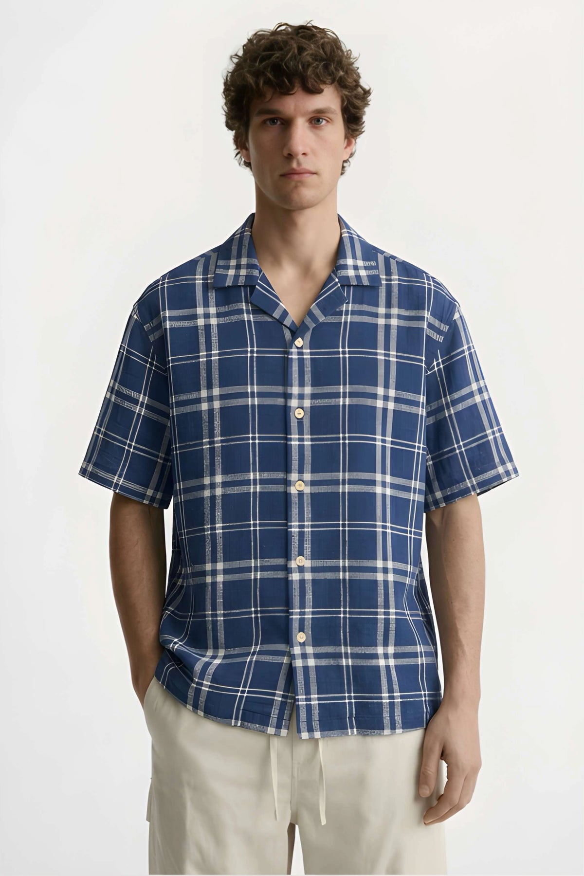 Men’s navy blue checked loosefit camp collar cotton shirt