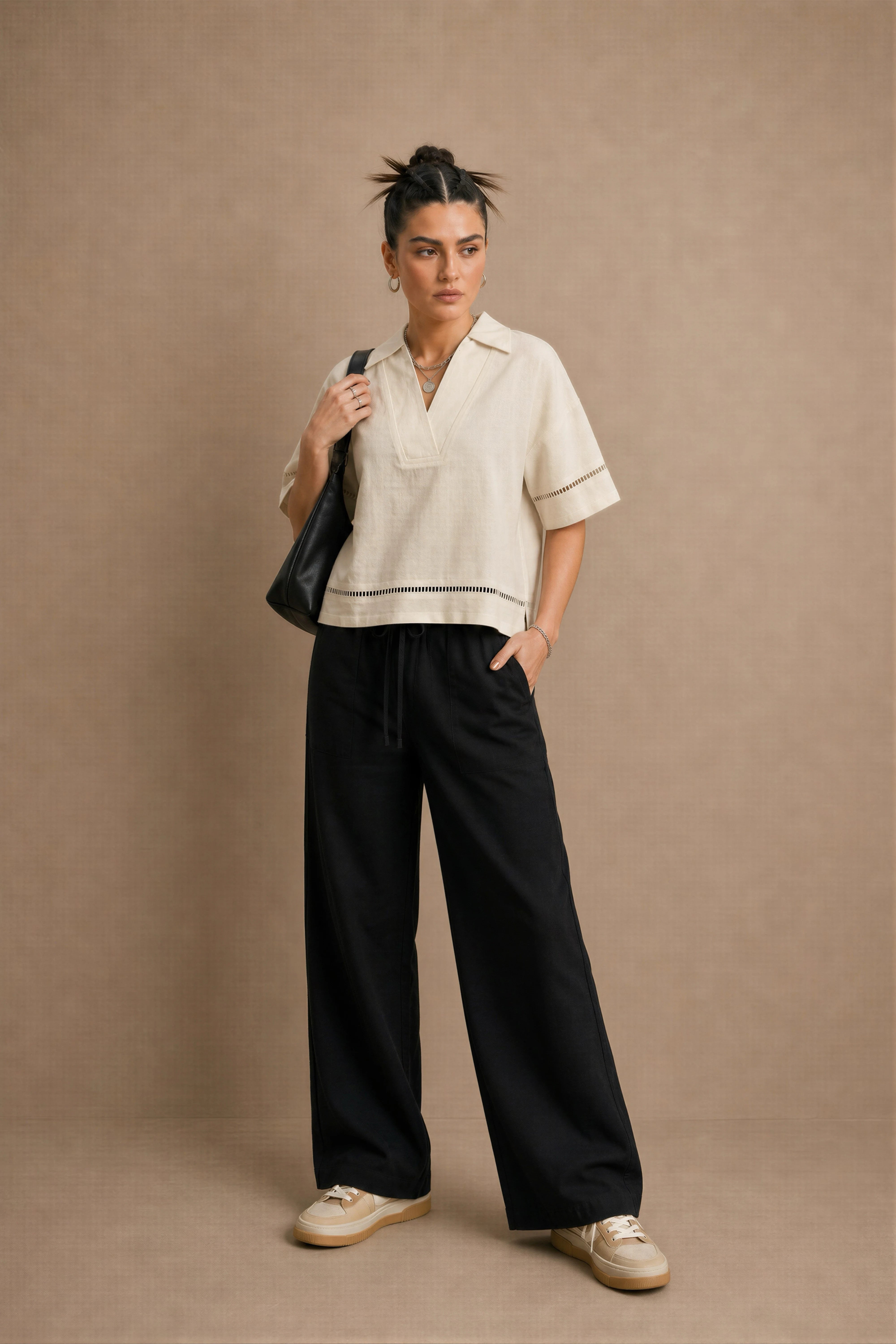 WOMEN'S BLACK LOOSE-FIT COTTON TROUSER