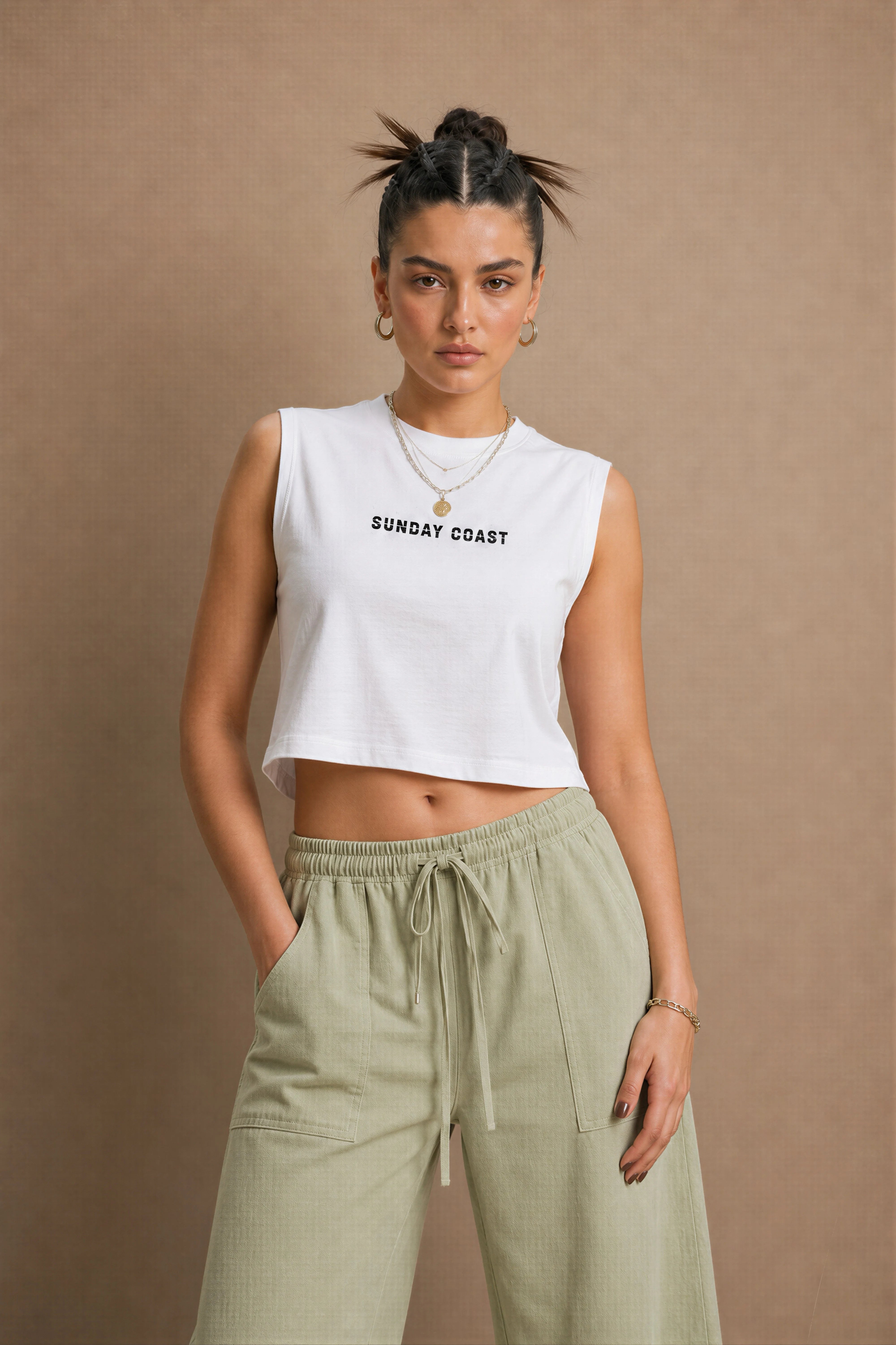 WOMEN'S LICHEN GREEN LOOSE-FIT COTTON TROUSER