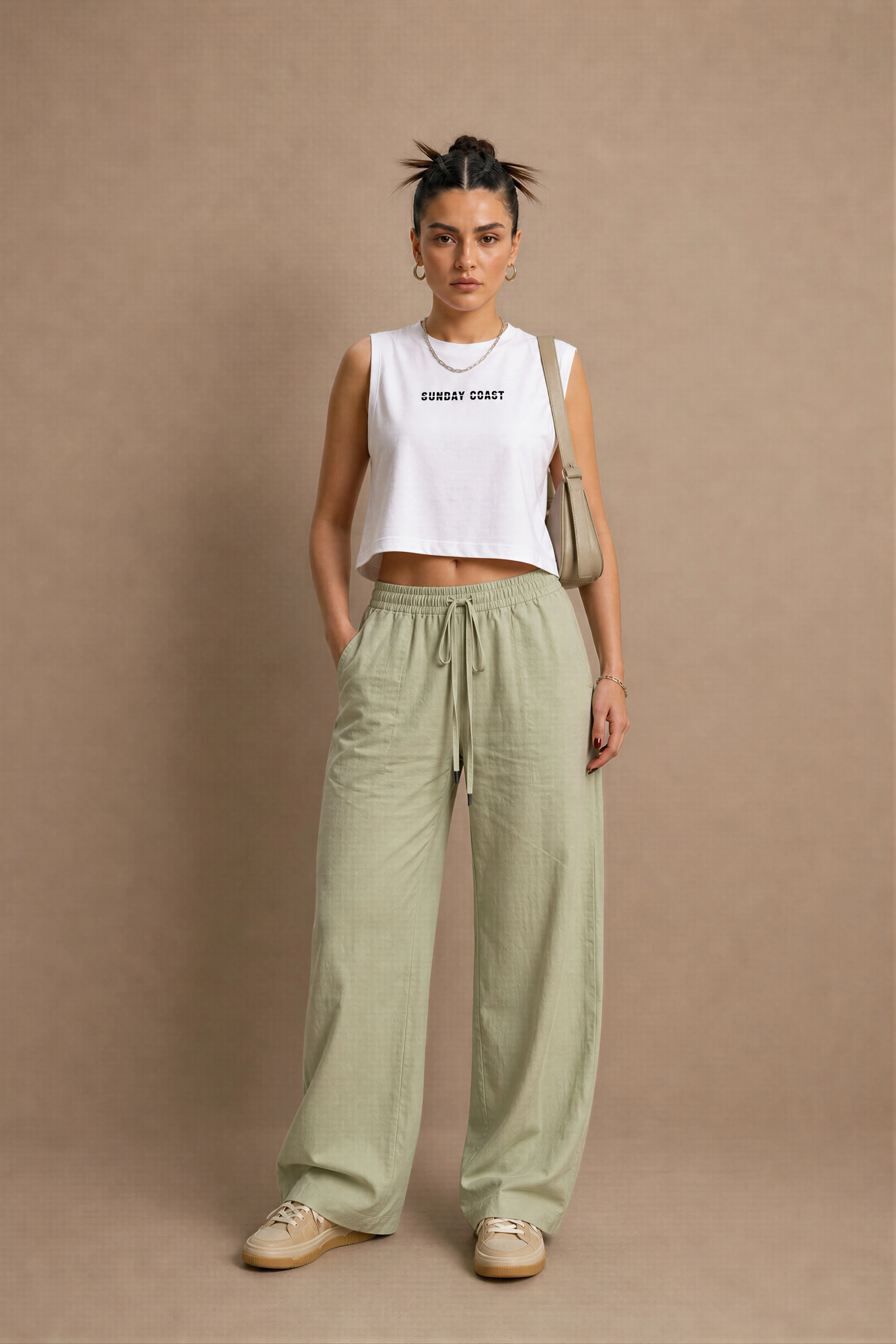WOMEN'S LICHEN GREEN LOOSE-FIT COTTON TROUSER