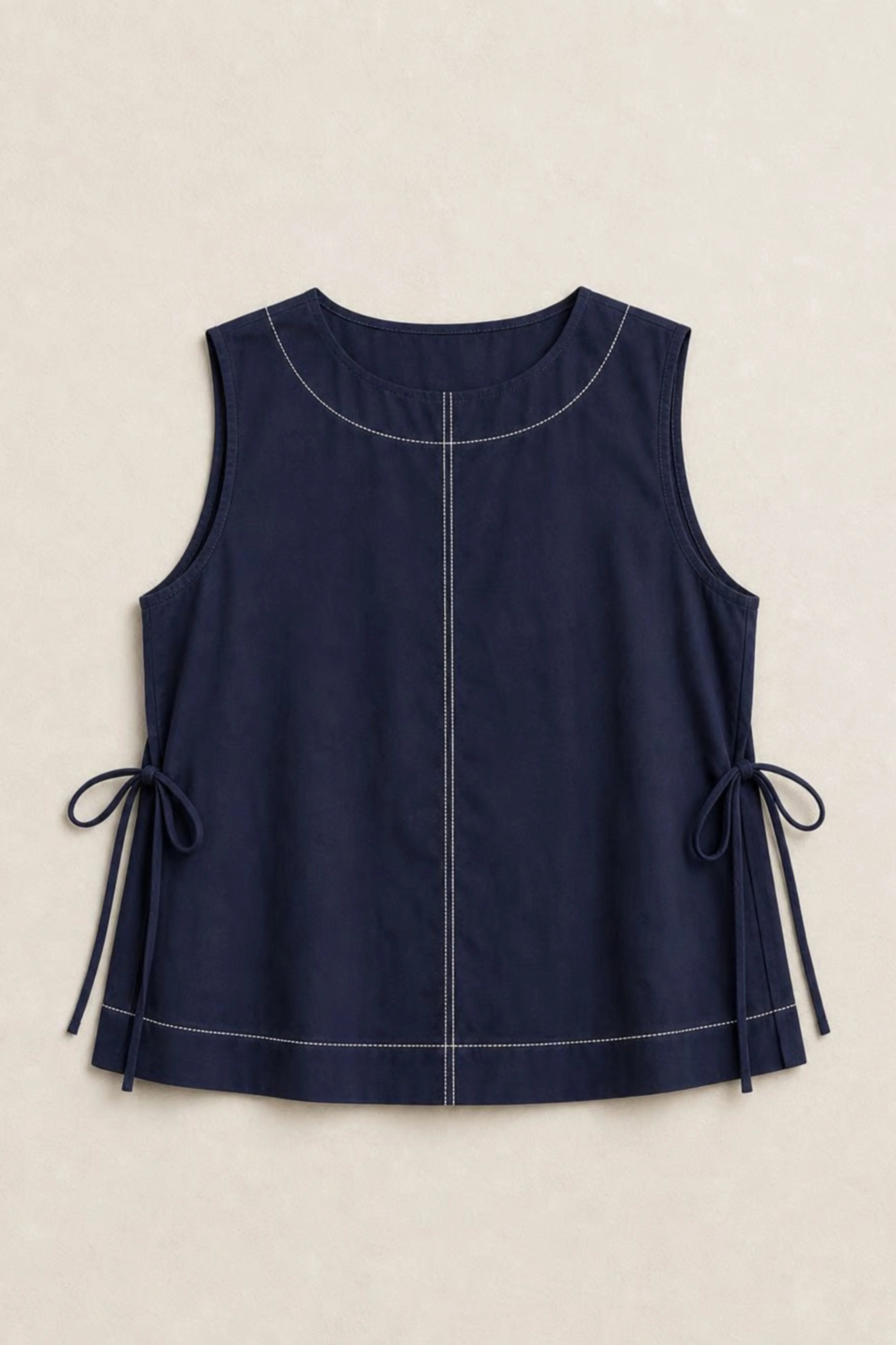 Women's Navy Blue Side-tie Cotton Top With Seam Details