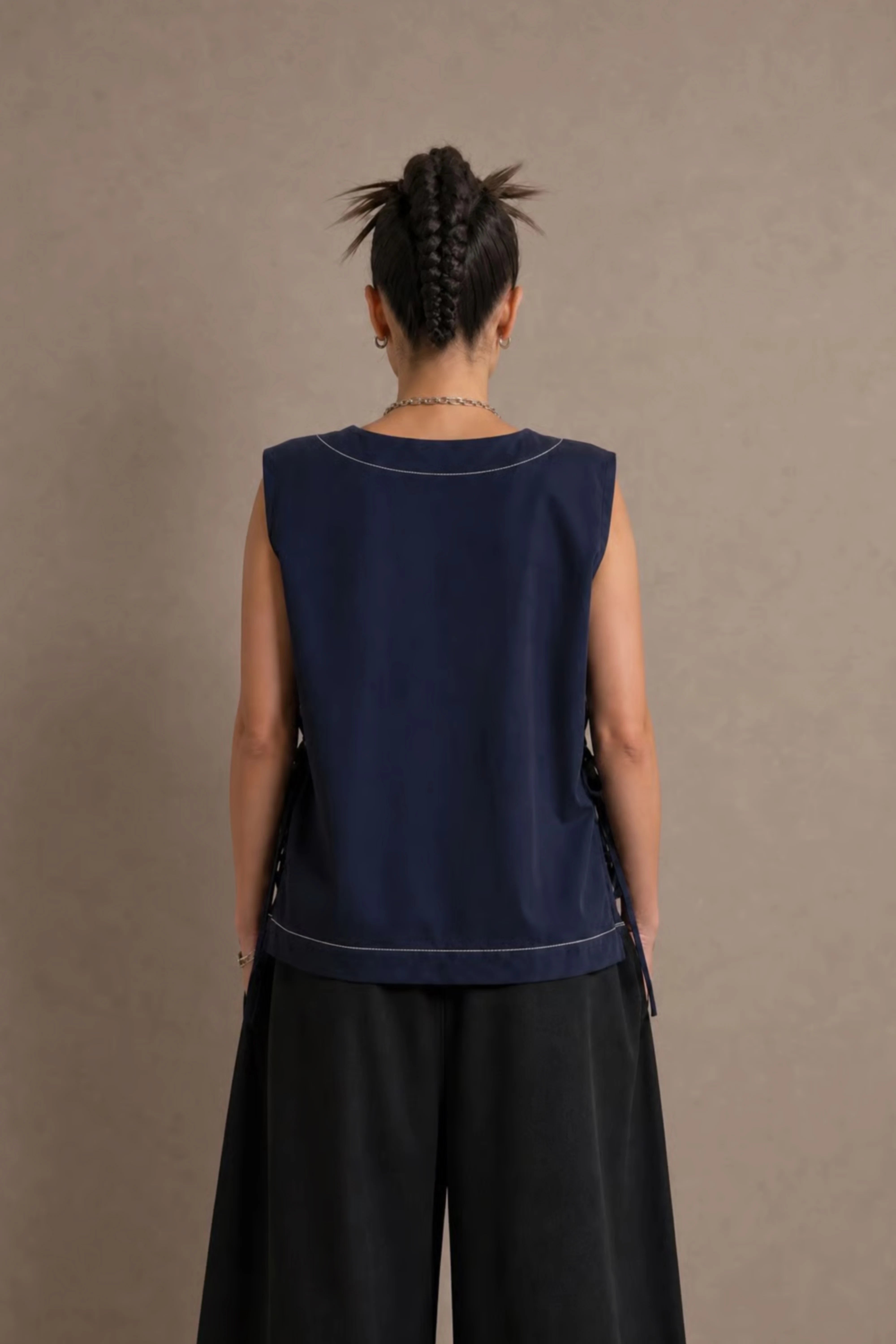 Women's Navy Blue Side-tie Cotton Top With Seam Details
