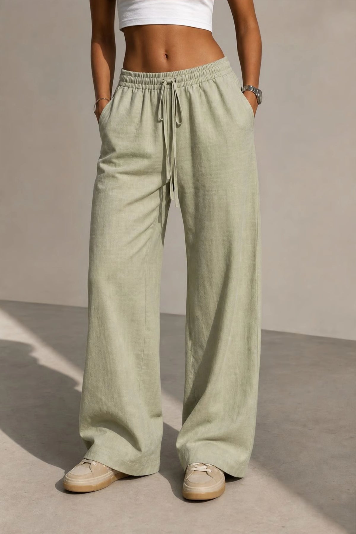 WOMEN'S LICHEN GREEN LOOSE-FIT COTTON TROUSER