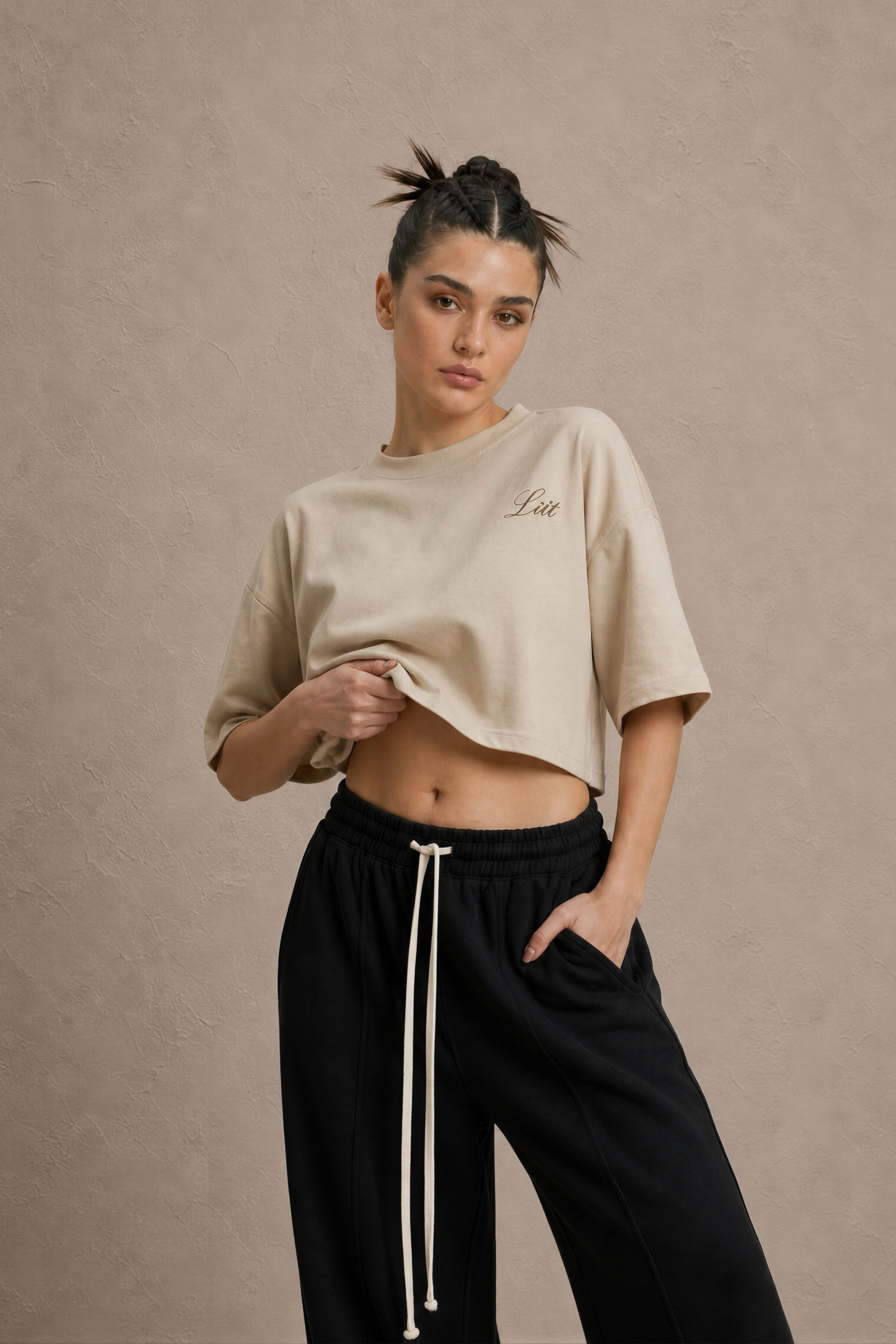 Women's Beige drop shoulder Litt cotton Crop Top