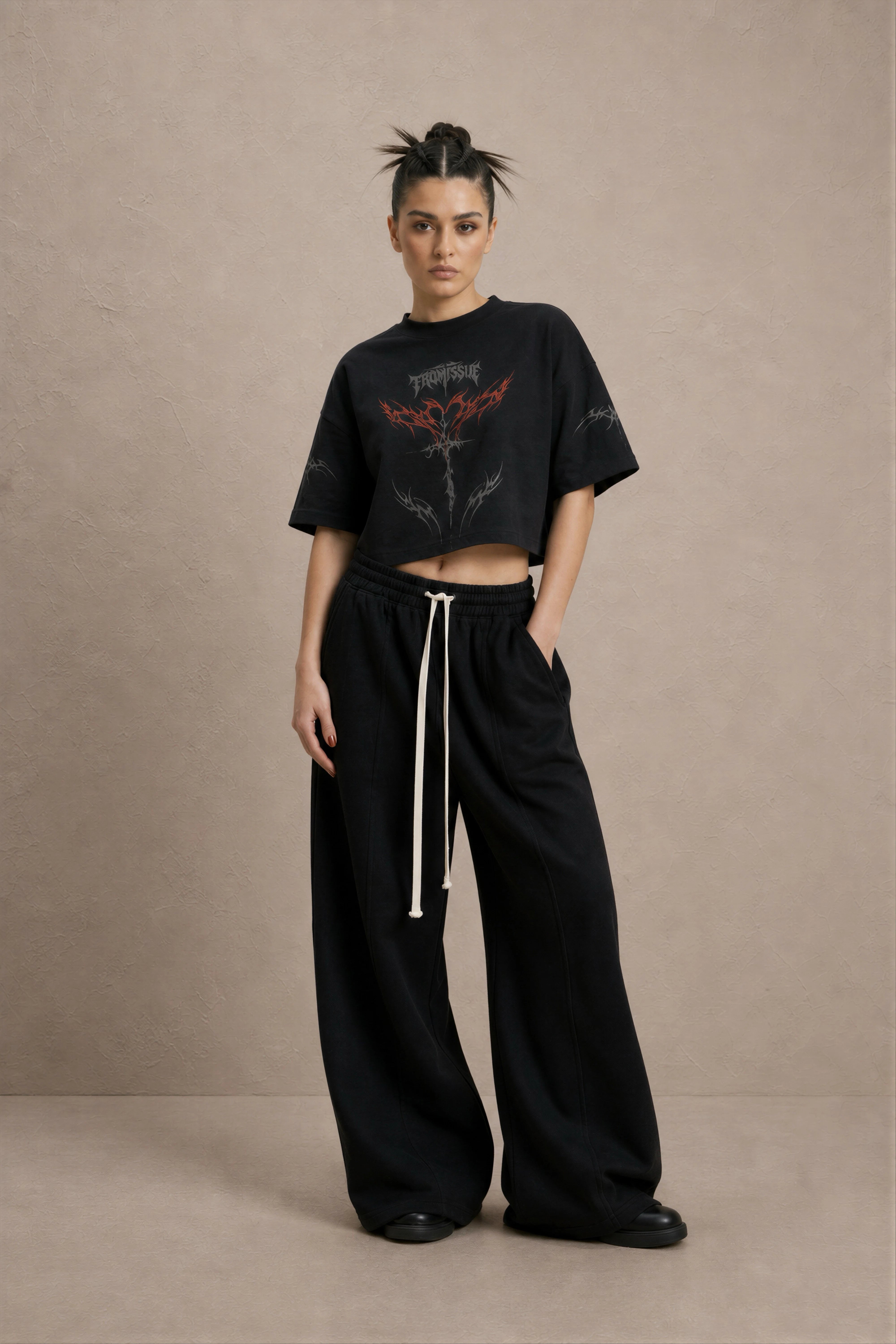Women's Black Gothic Printed Cotton Crop Top