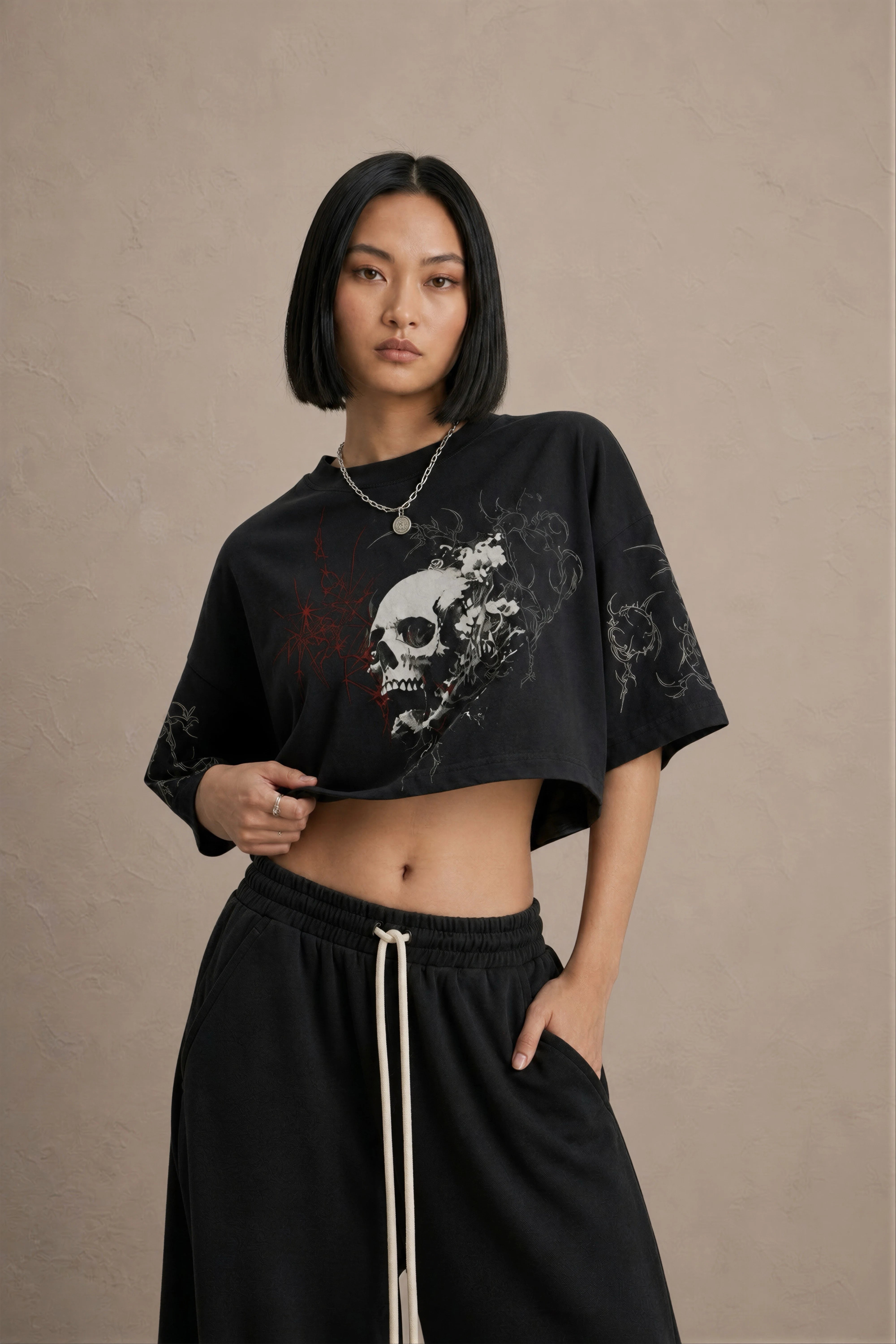 Women's Black Gothic Skull Cotton Crop Top