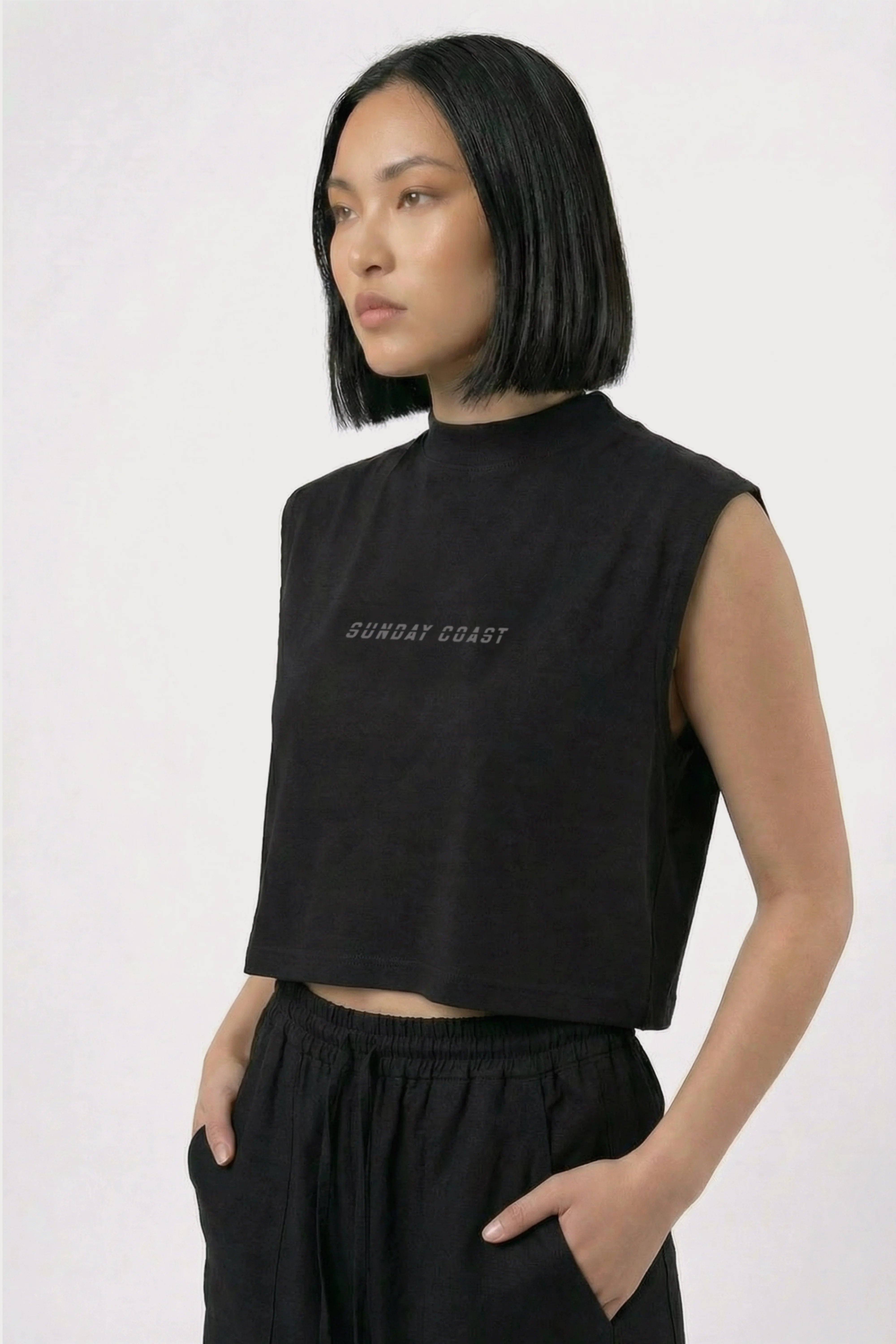 Women's Black sleeveless Sunday coast Cotton Crop Top