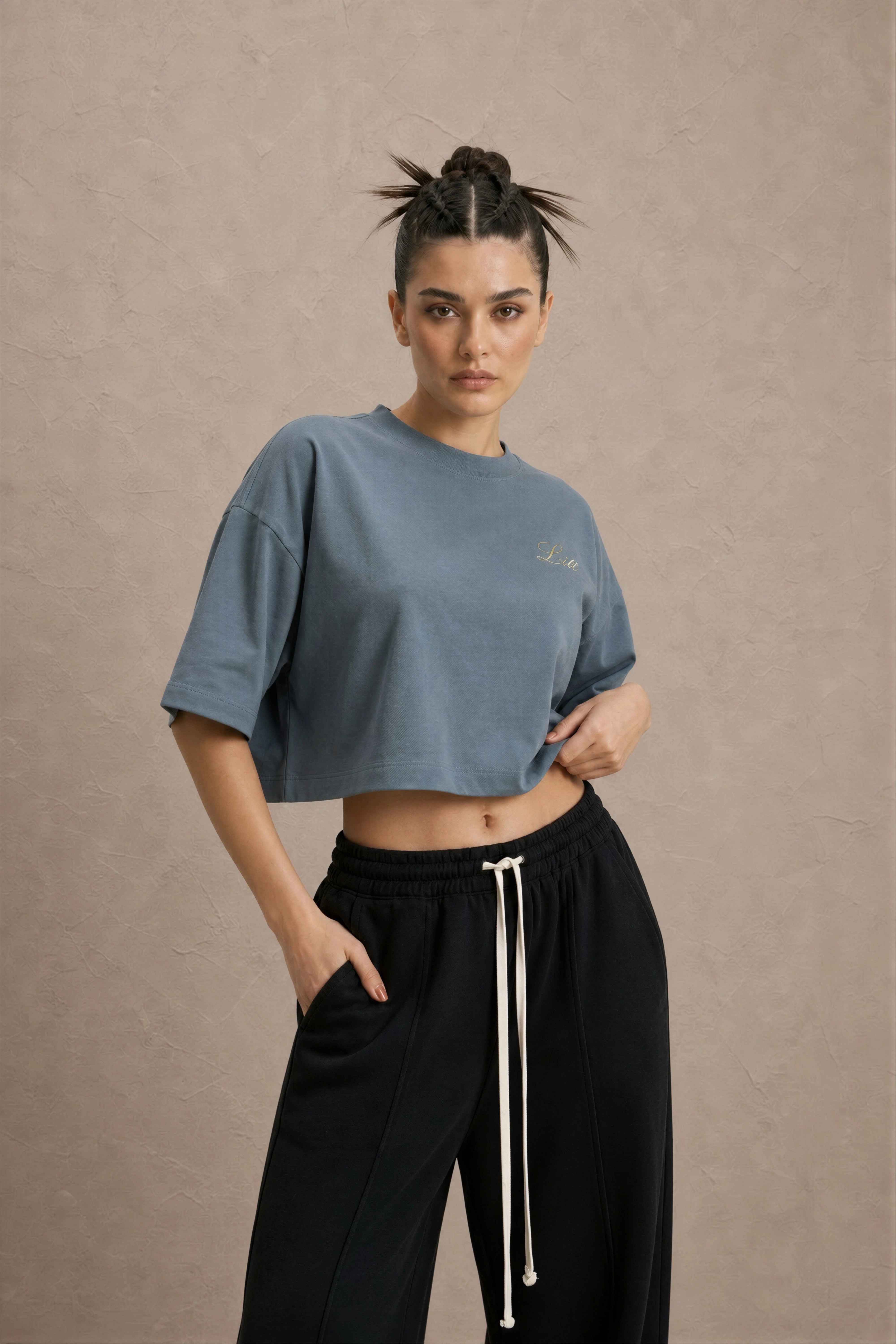 Women's Slate Blue drop shoulder Litt cotton Crop Top
