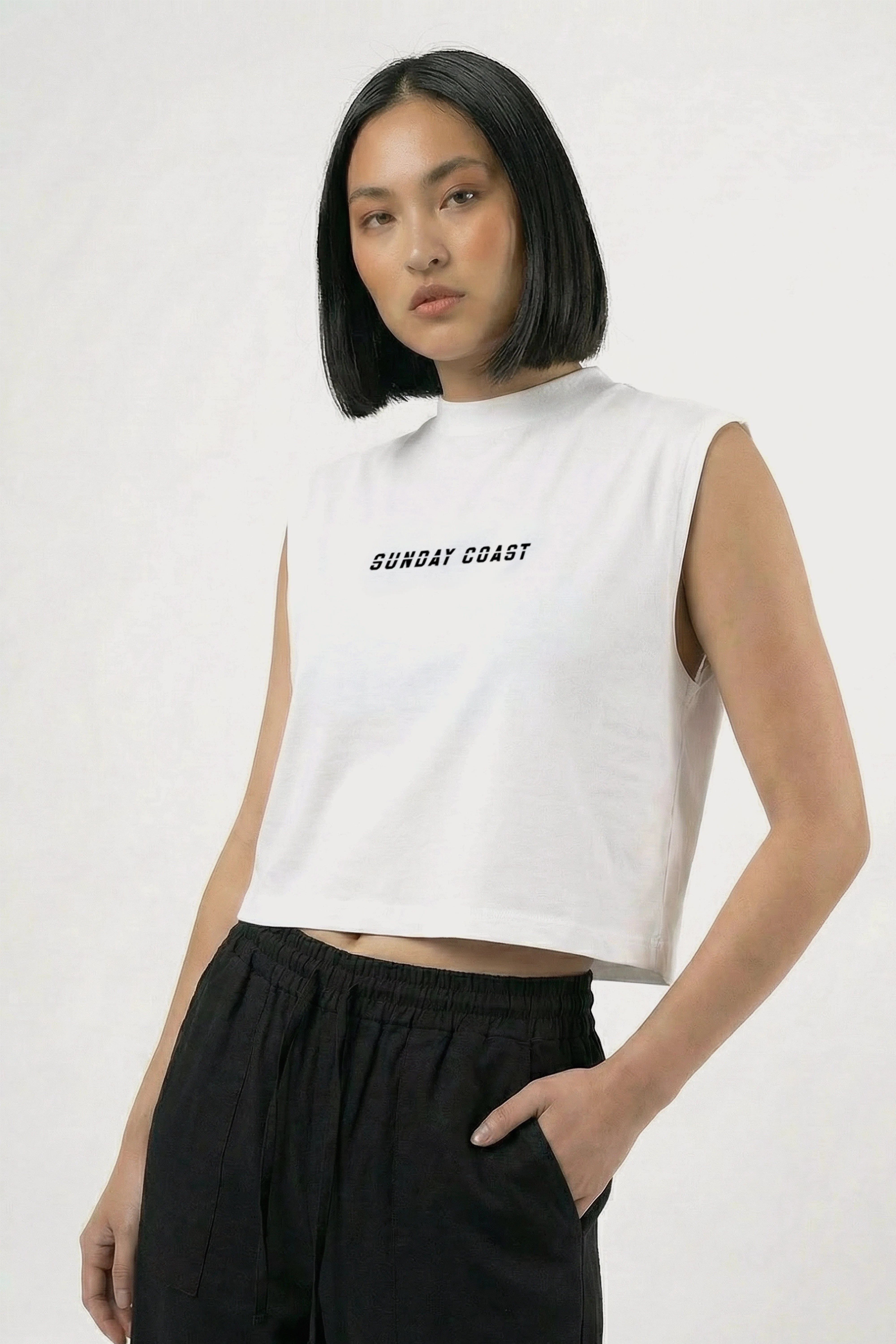 Women's White sleeveless Sunday coast Cotton Crop Top