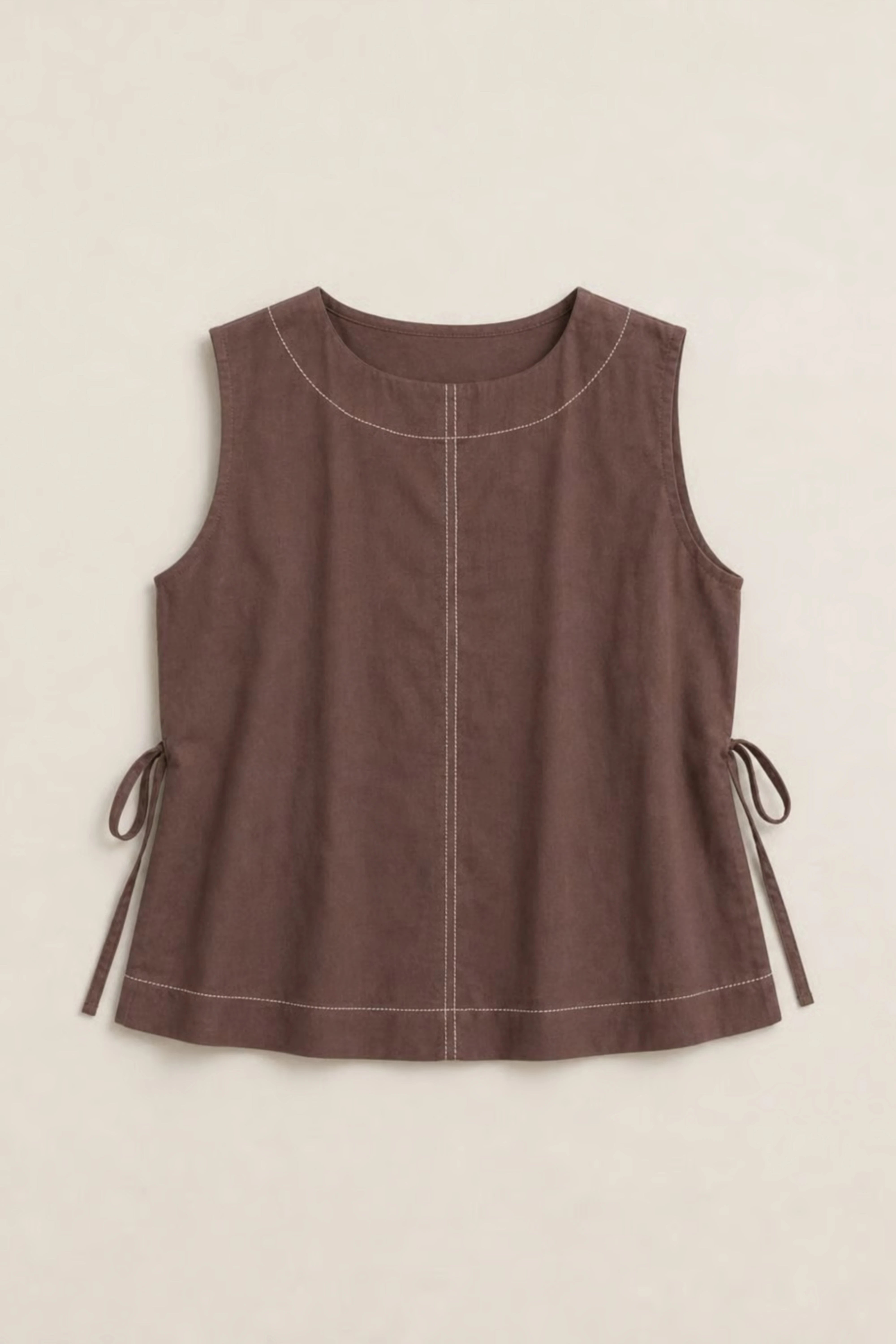 Women's Brown Side-tie Cotton Top With Seam Details
