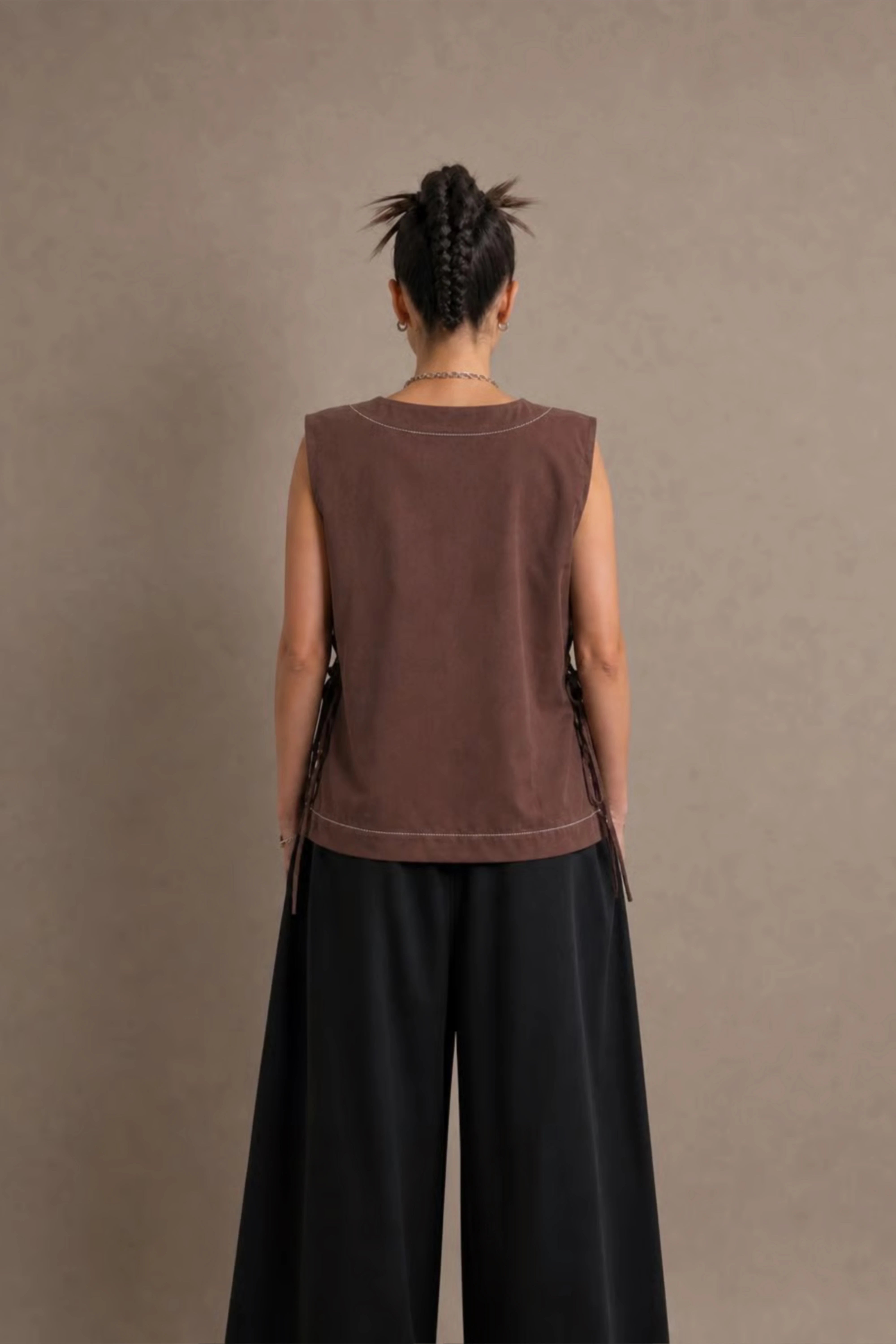 Women's Brown Side-tie Cotton Top With Seam Details