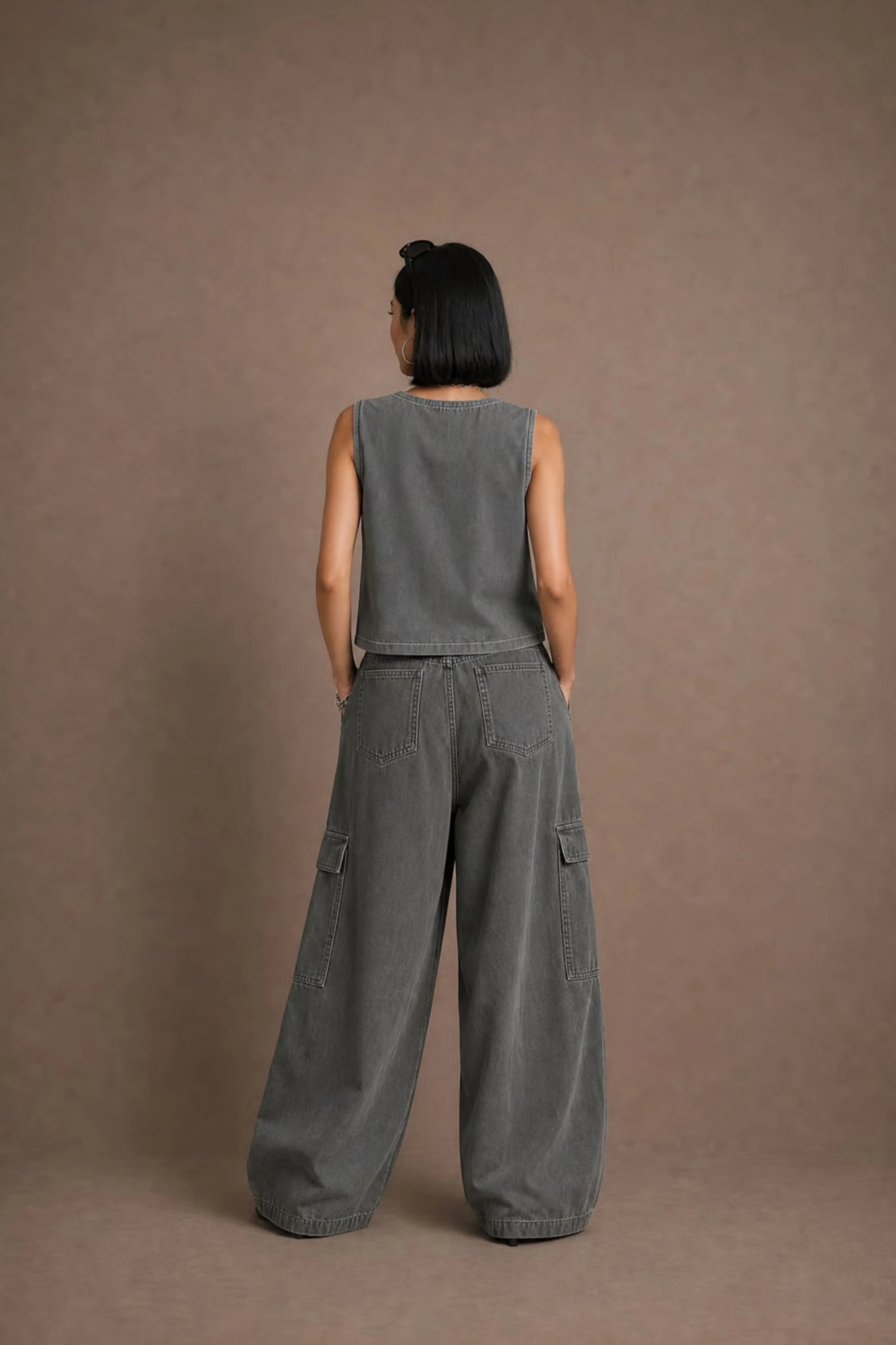 Women's Grey Crochet-trim Deep V-neck Top