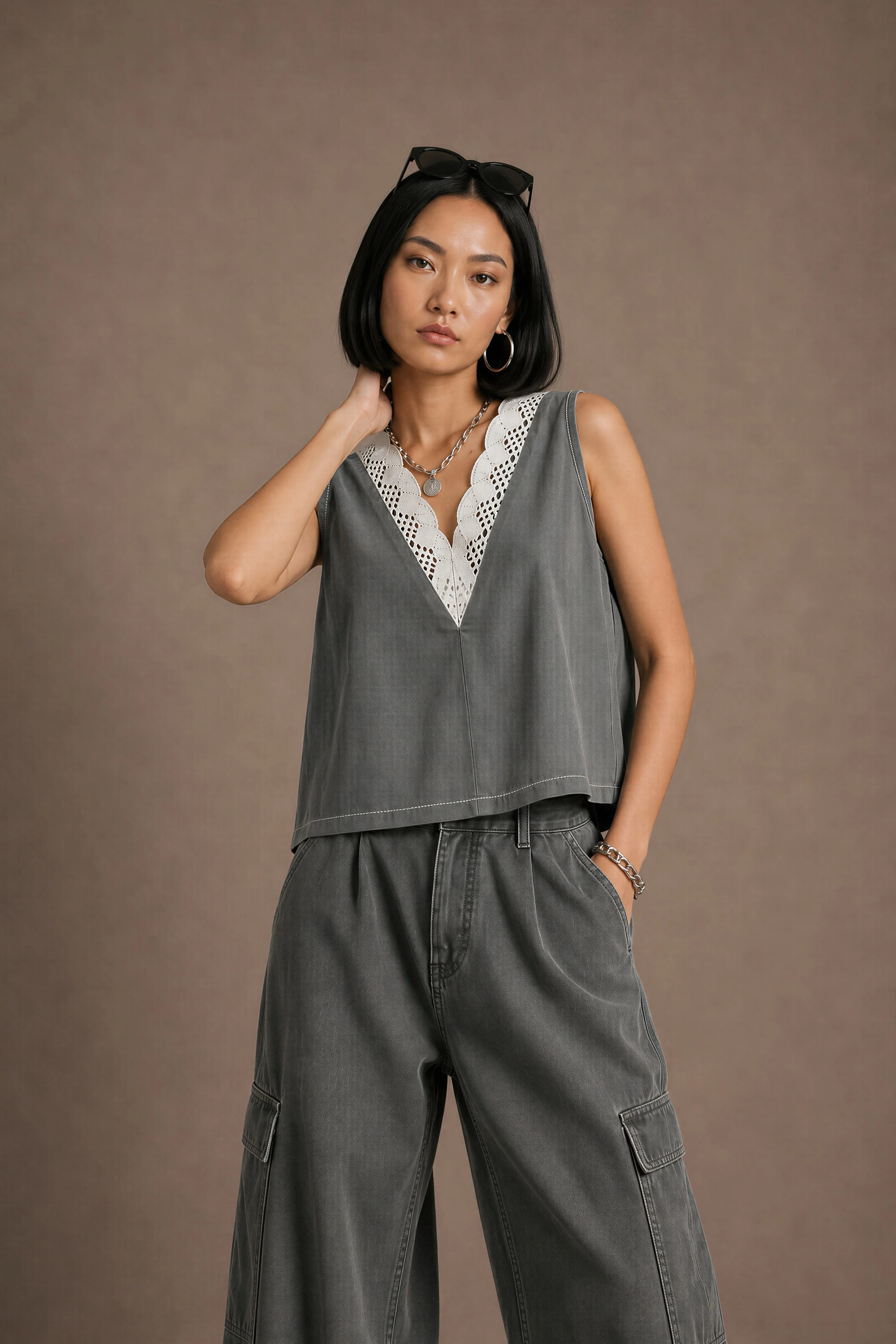 Women's Grey Crochet-trim Deep V-neck Top