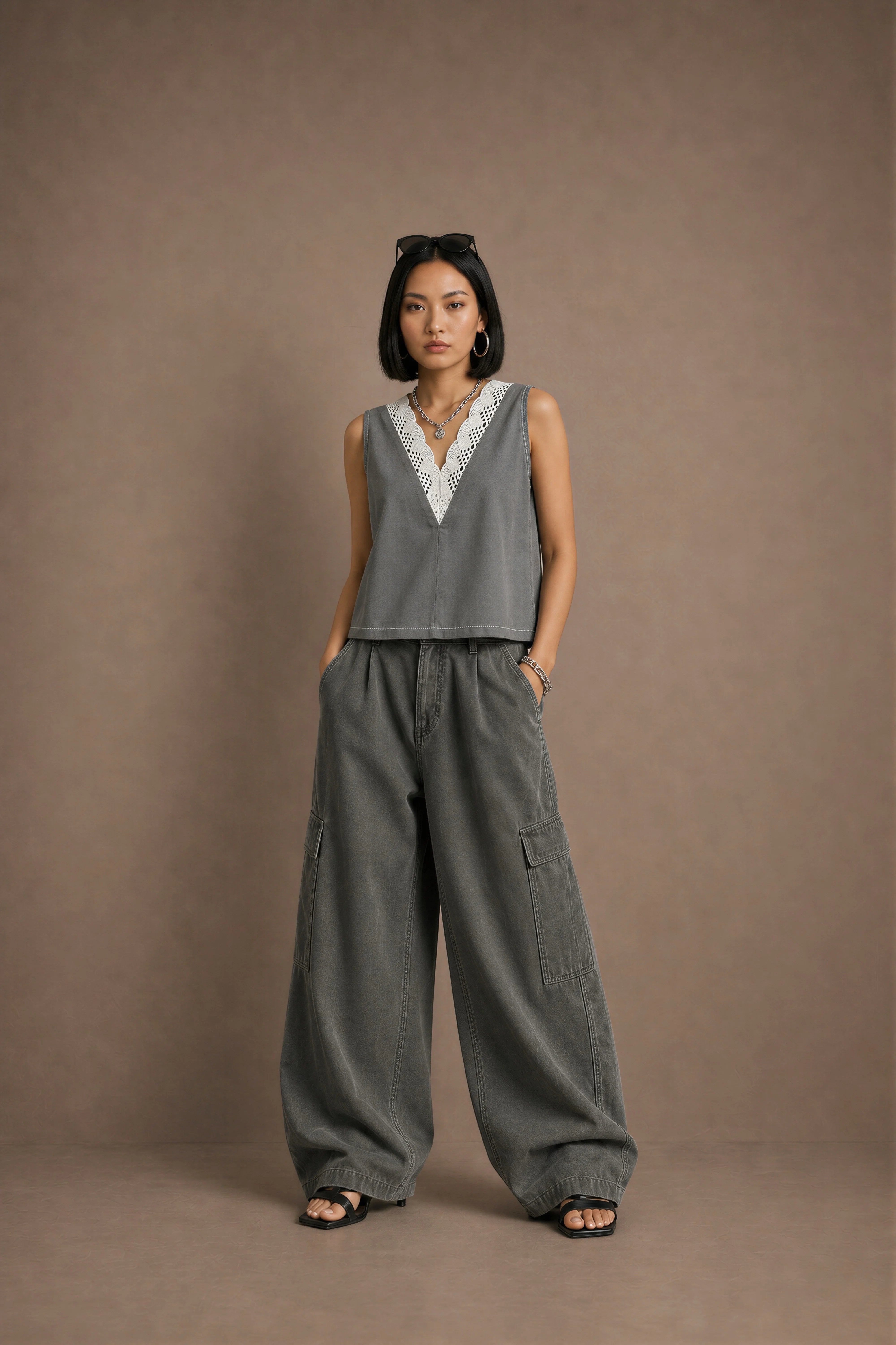 Women's Grey Crochet-trim Deep V-neck Top