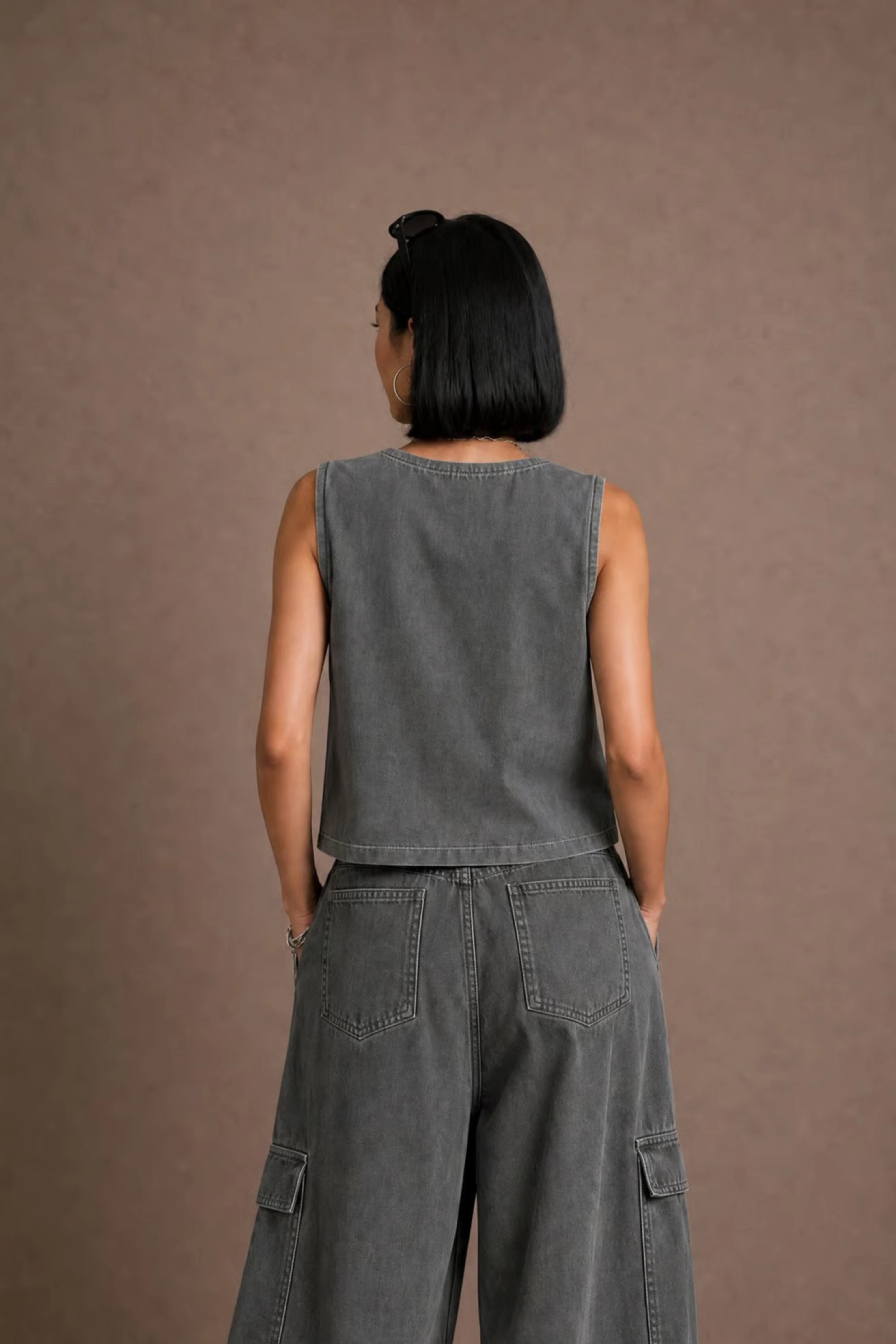 Women's Grey Crochet-trim Deep V-neck Top