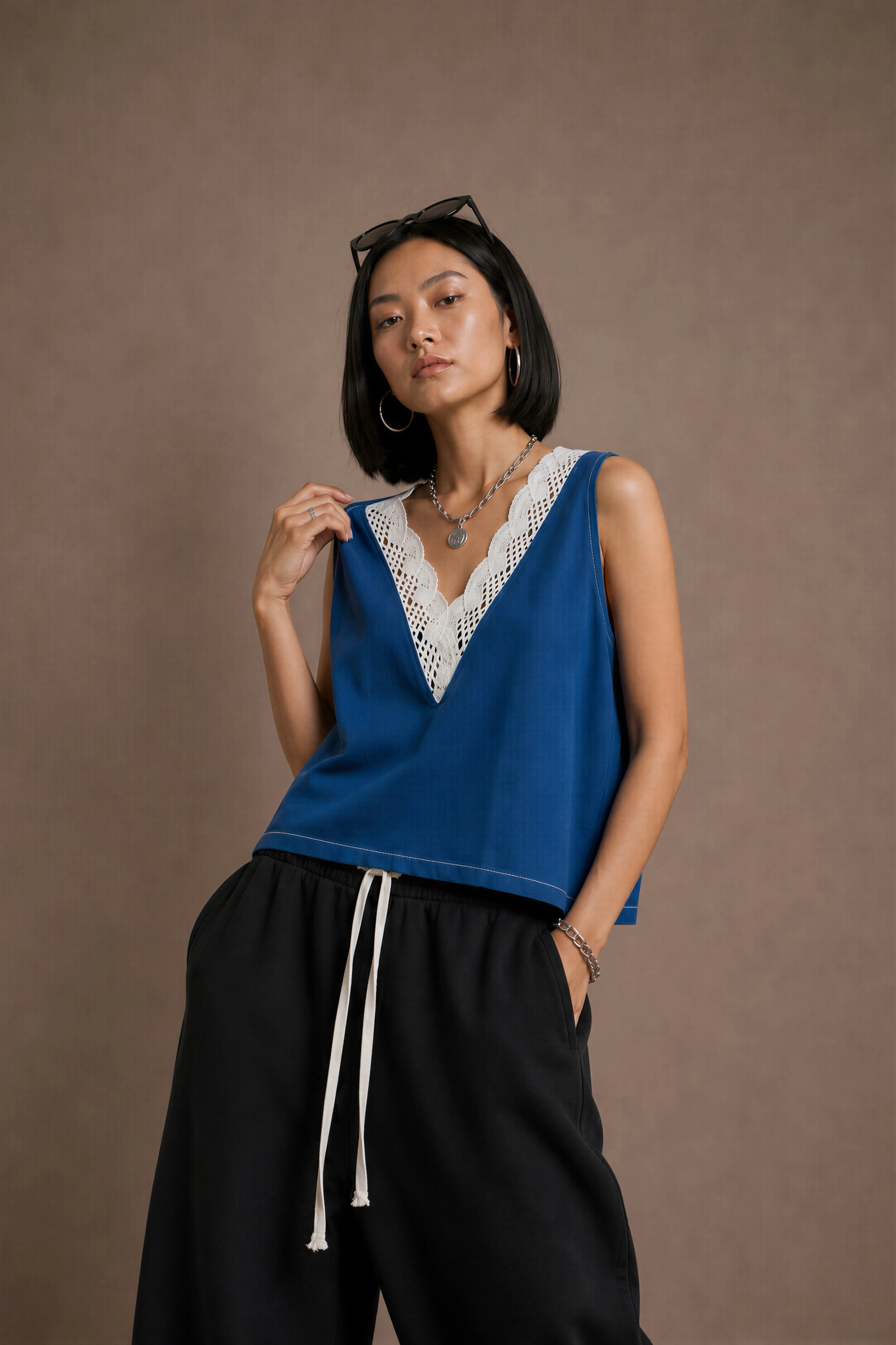 Women's Navy Blue Crochet-trim Deep V-neck Top