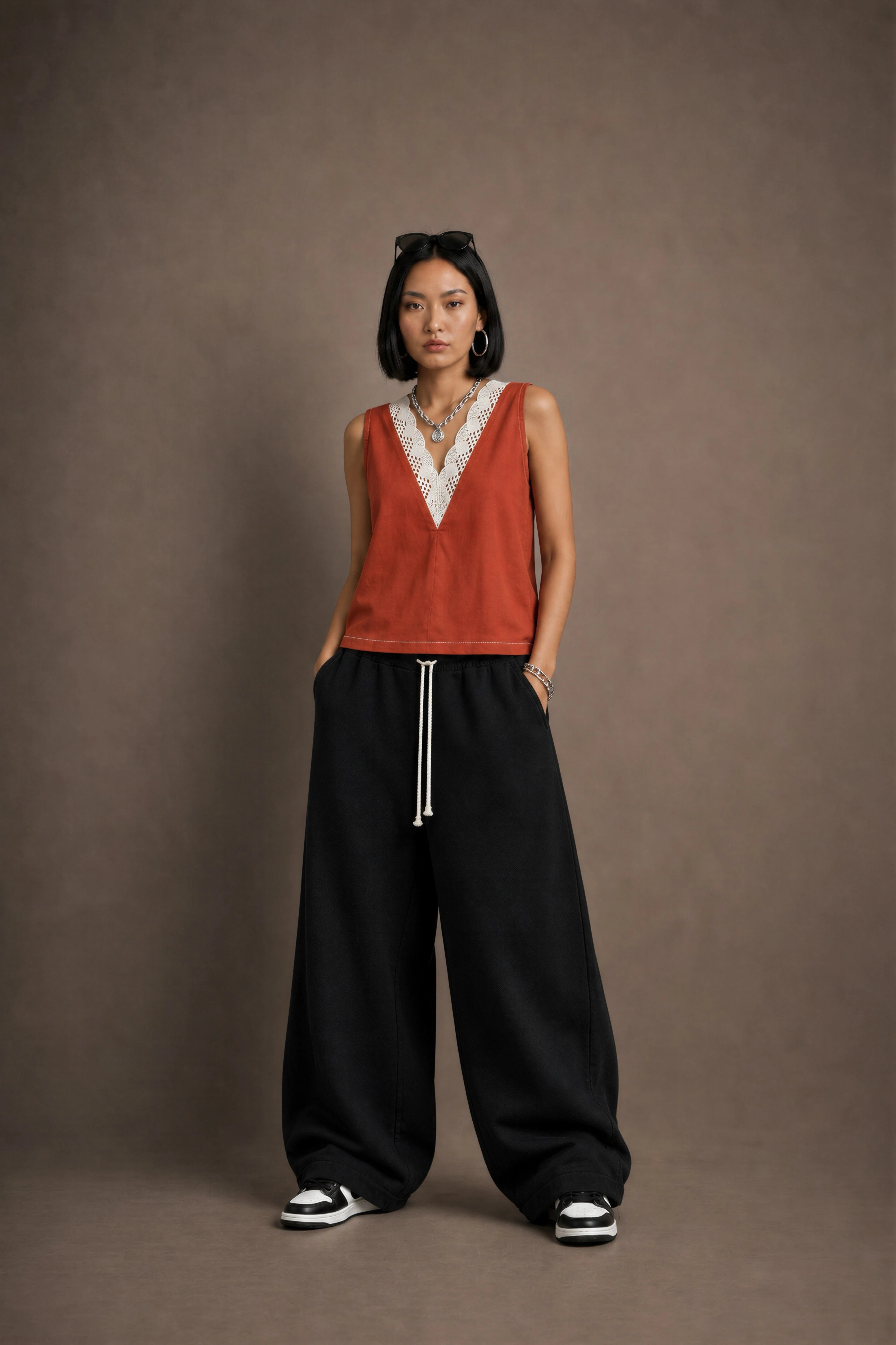 Women's Rust Crochet-trim Deep V-neck Top