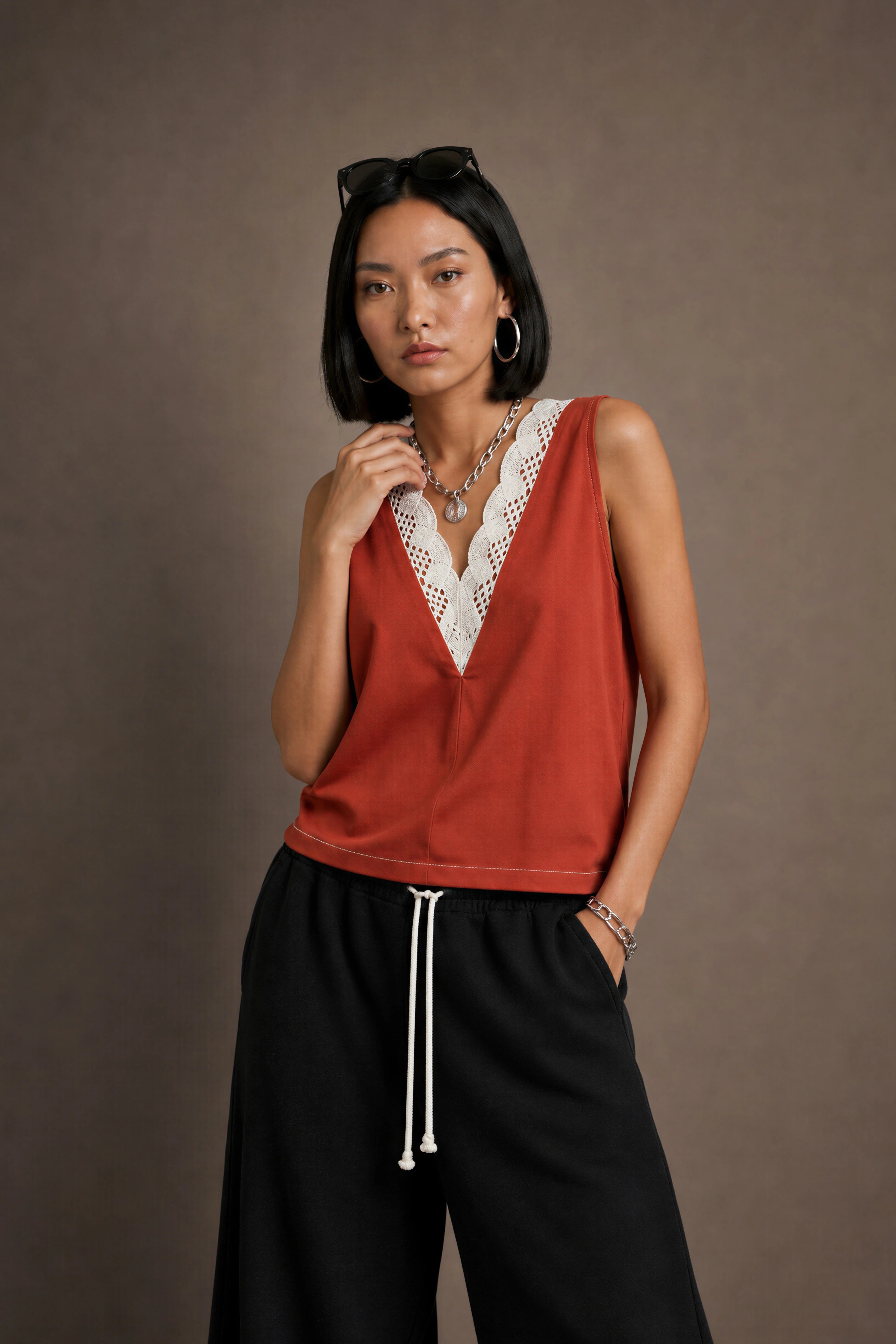 Women's Rust Crochet-trim Deep V-neck Top