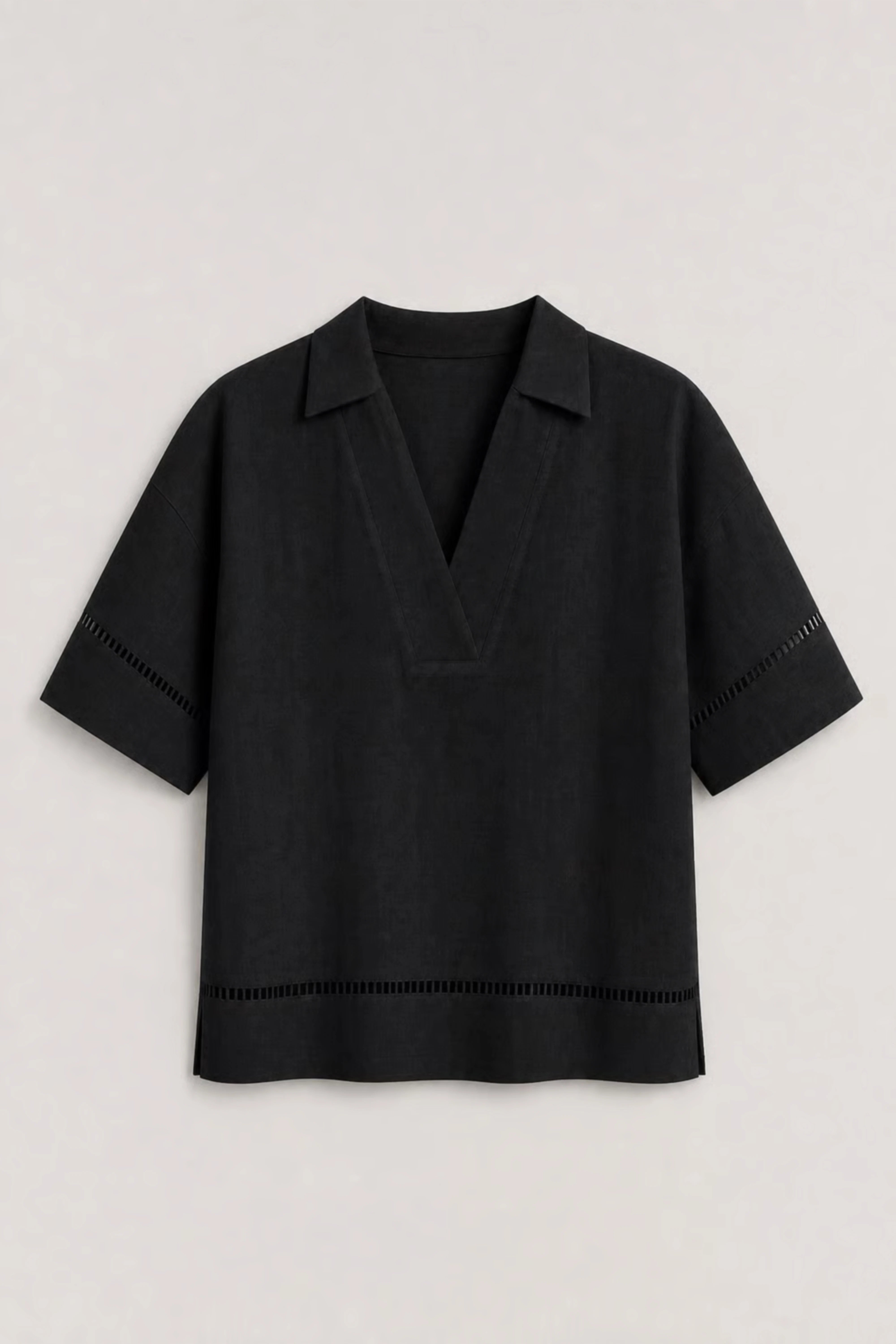 Women's Black Ladder-trim Polo Top
