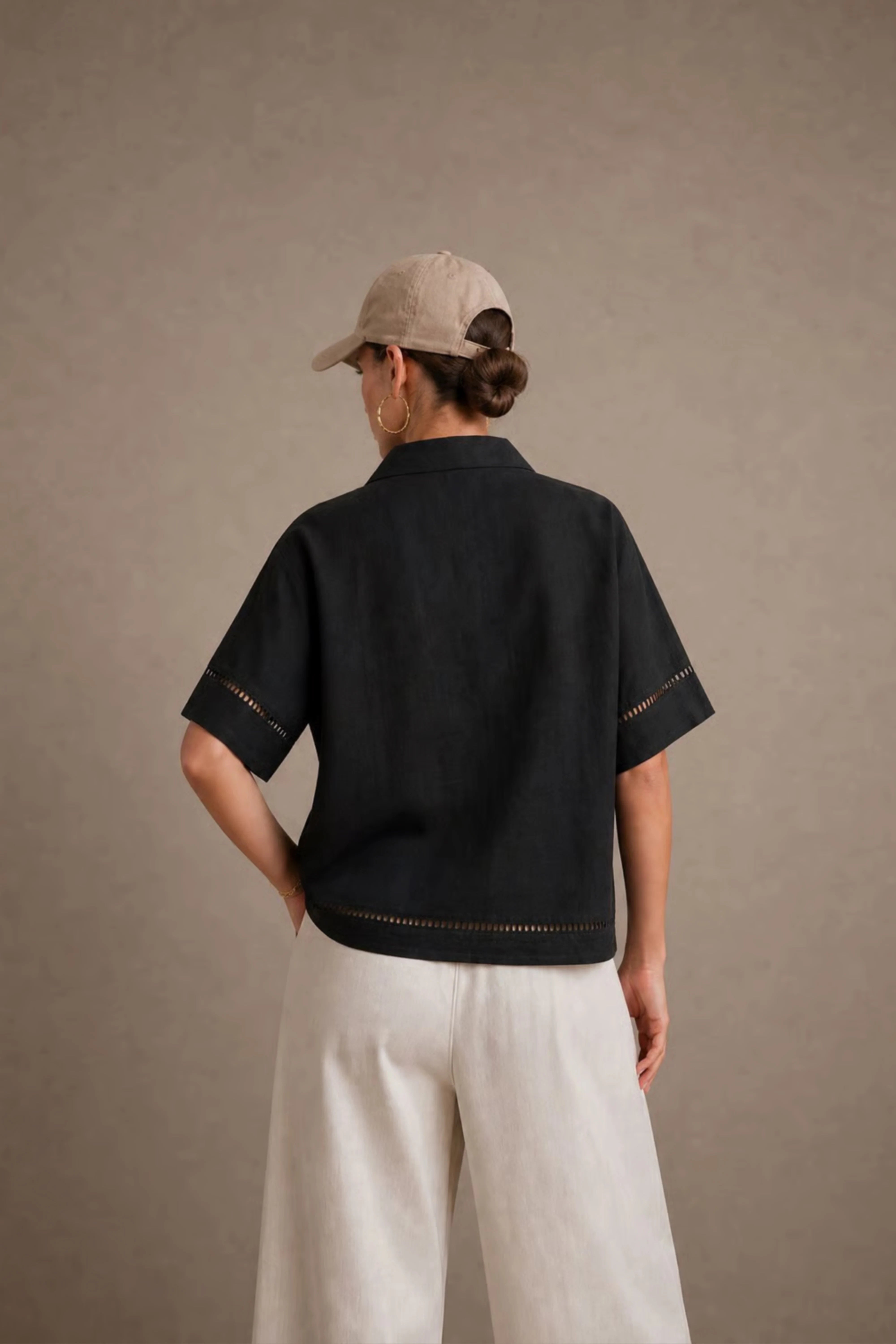 Women's Black Ladder-trim Polo Top