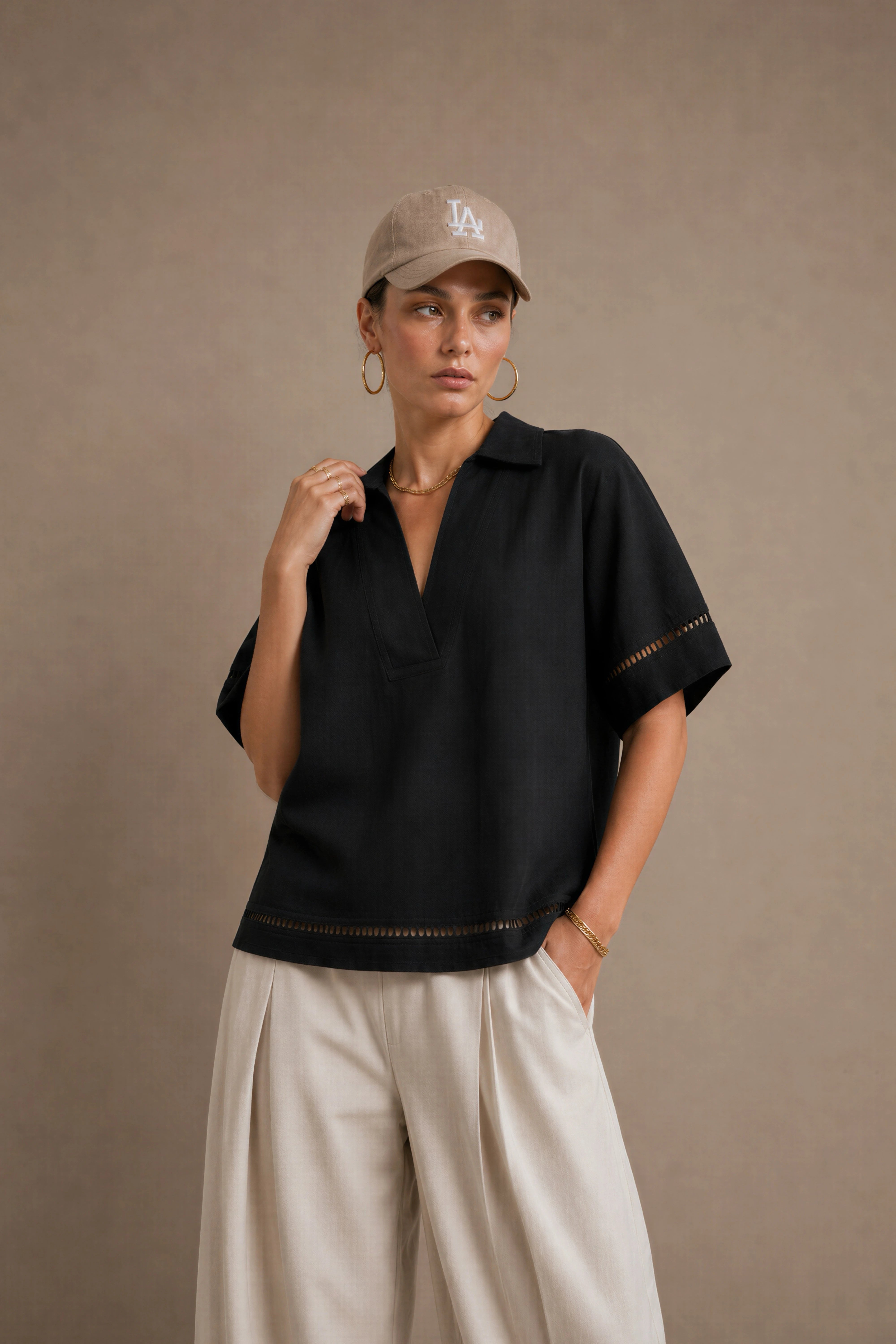 Women's Black Ladder-trim Polo Top