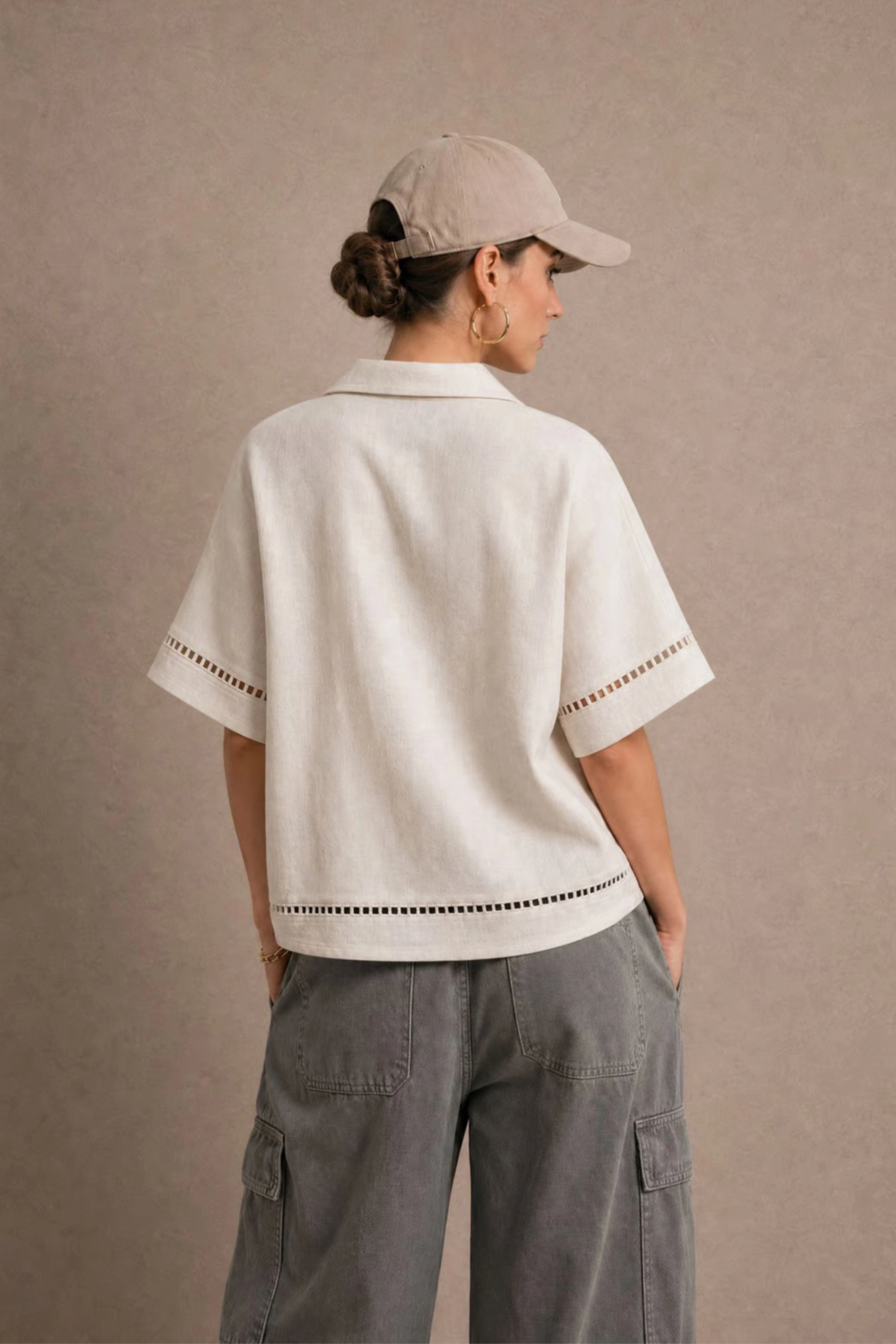 Women's Off White Ladder-trim Polo Top
