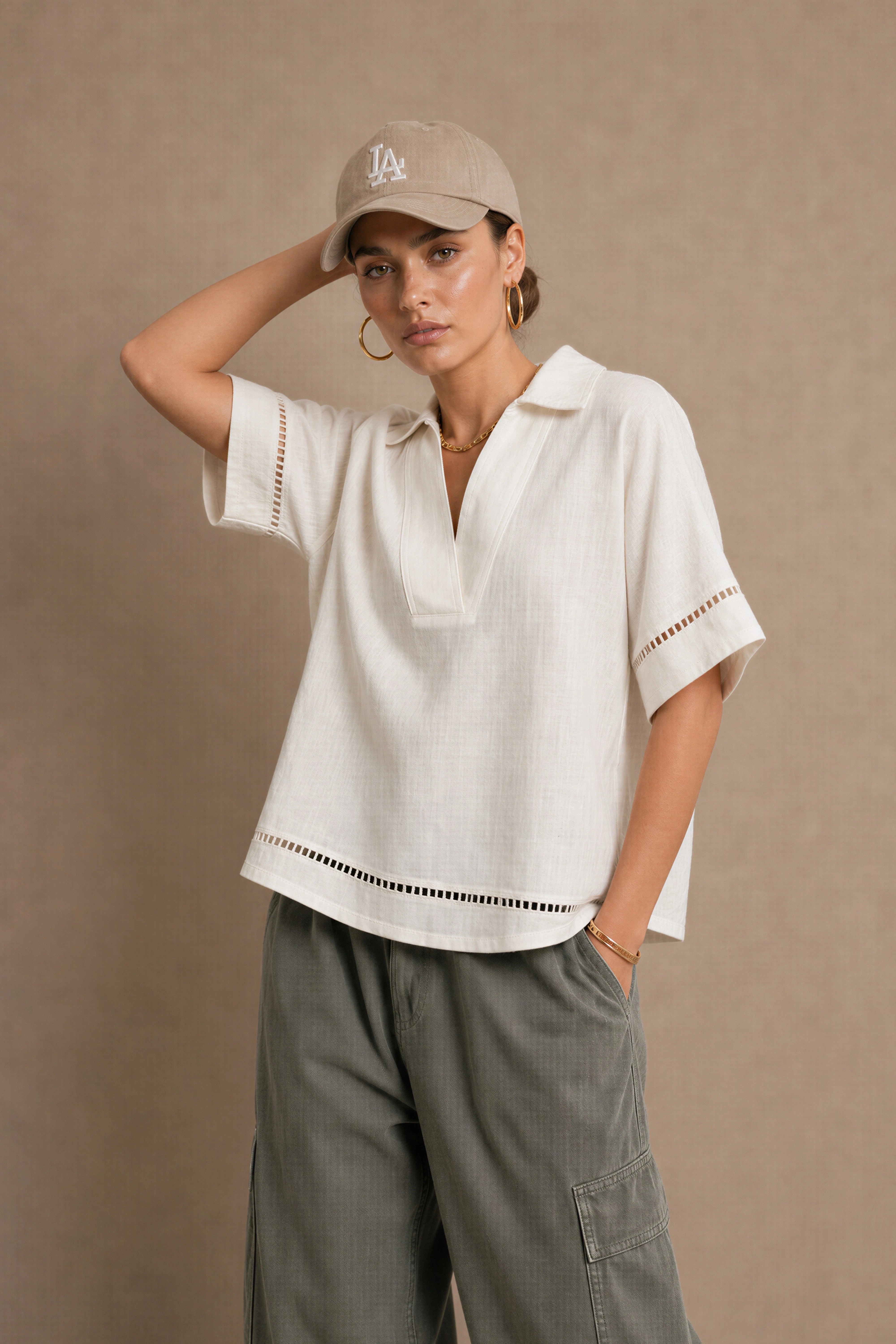 Women's Off White Ladder-trim Polo Top