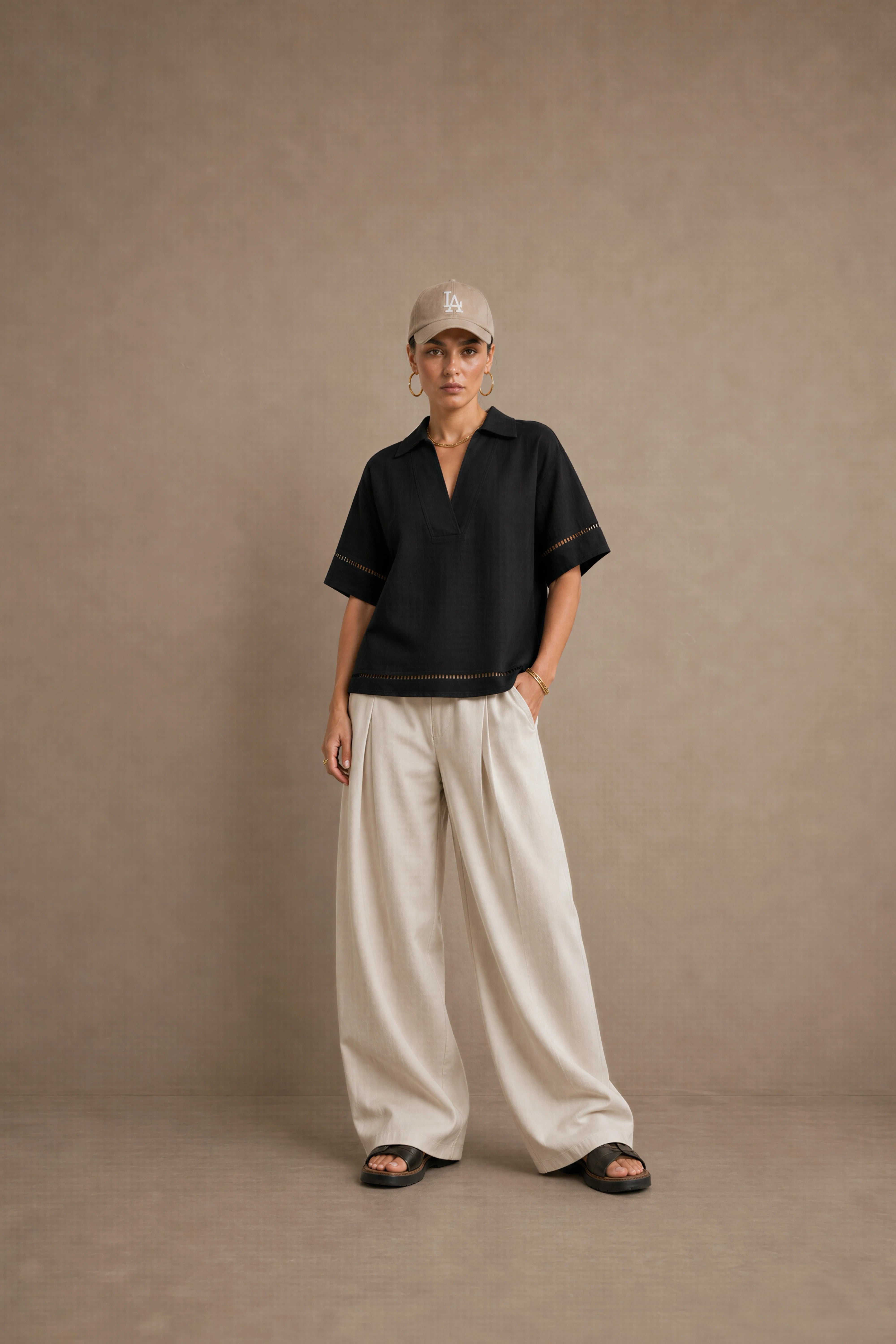 Women's Black Ladder-trim Polo Top
