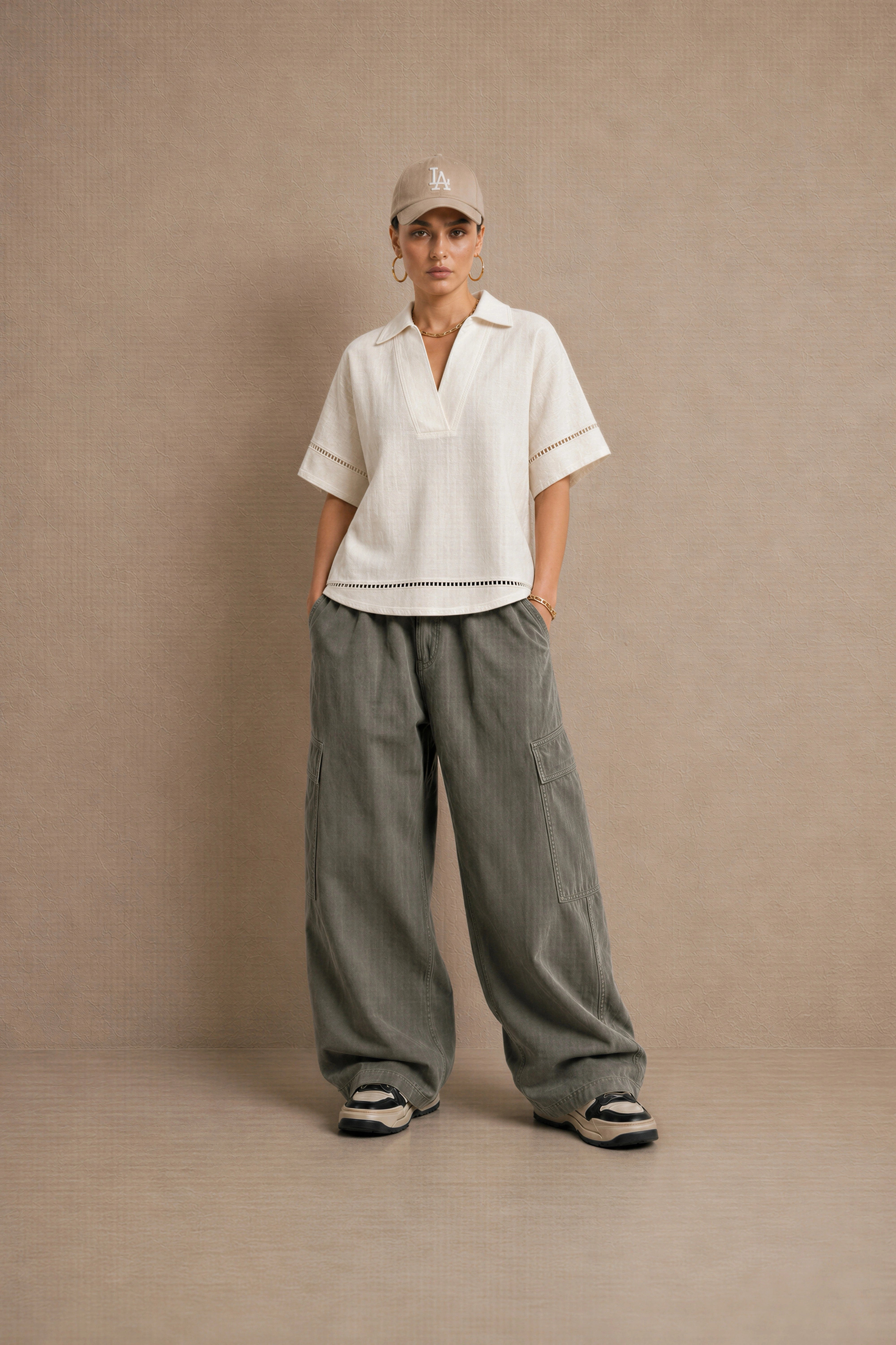 Women's Off White Ladder-trim Polo Top