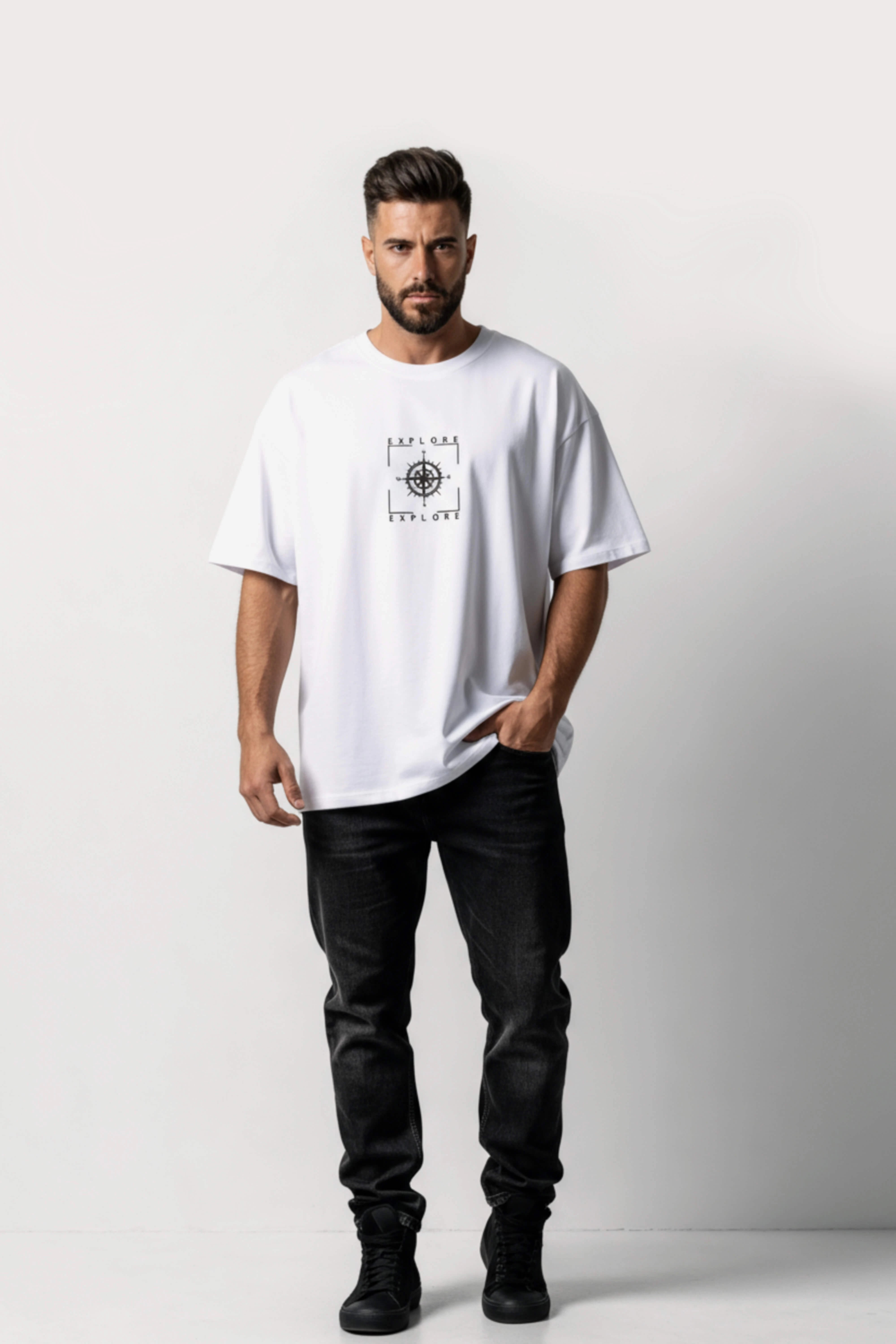 Men's White Explore Oversized T-Shirt