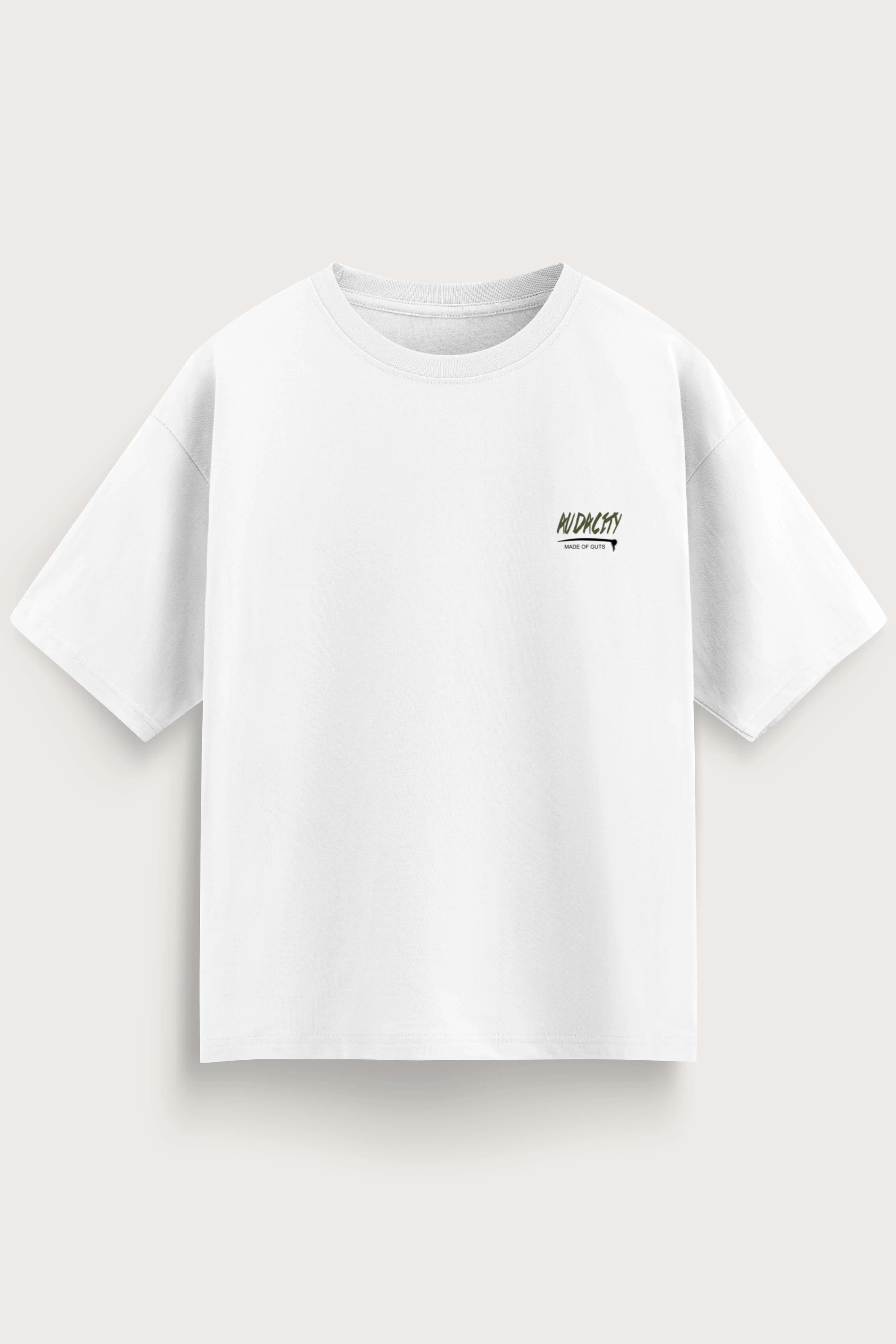 White t-shirt with a small logo on a light gray background