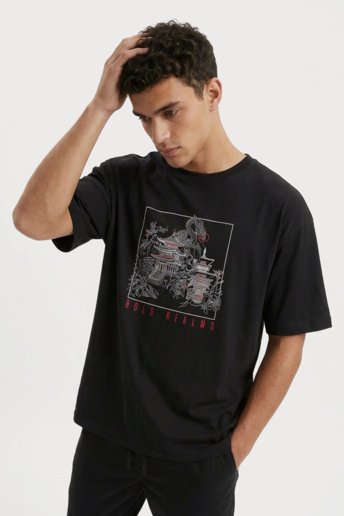 Men's Black Bold Realms Oversized T-Shirt