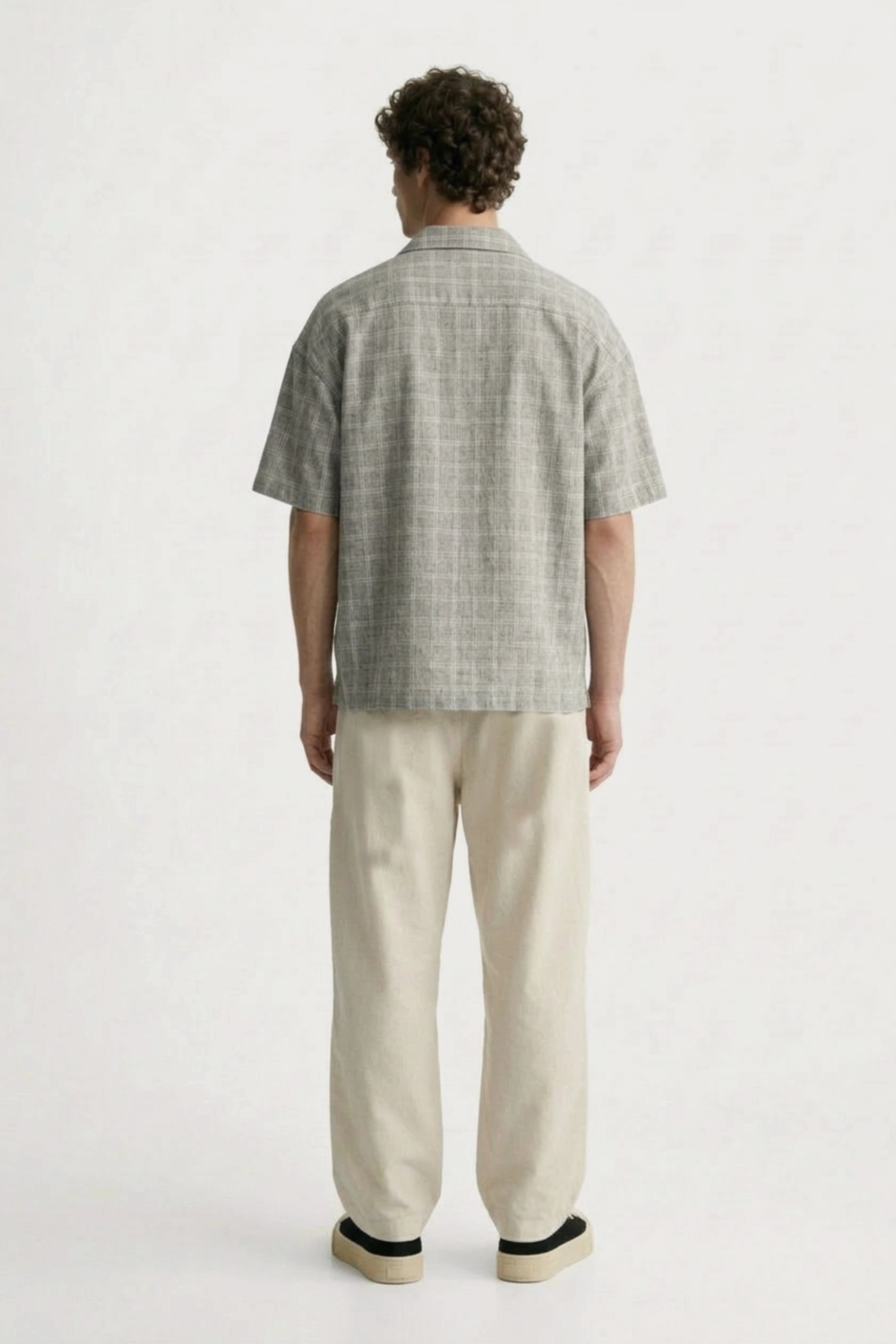 Men’s grey checked loosefit camp collar cotton shirt