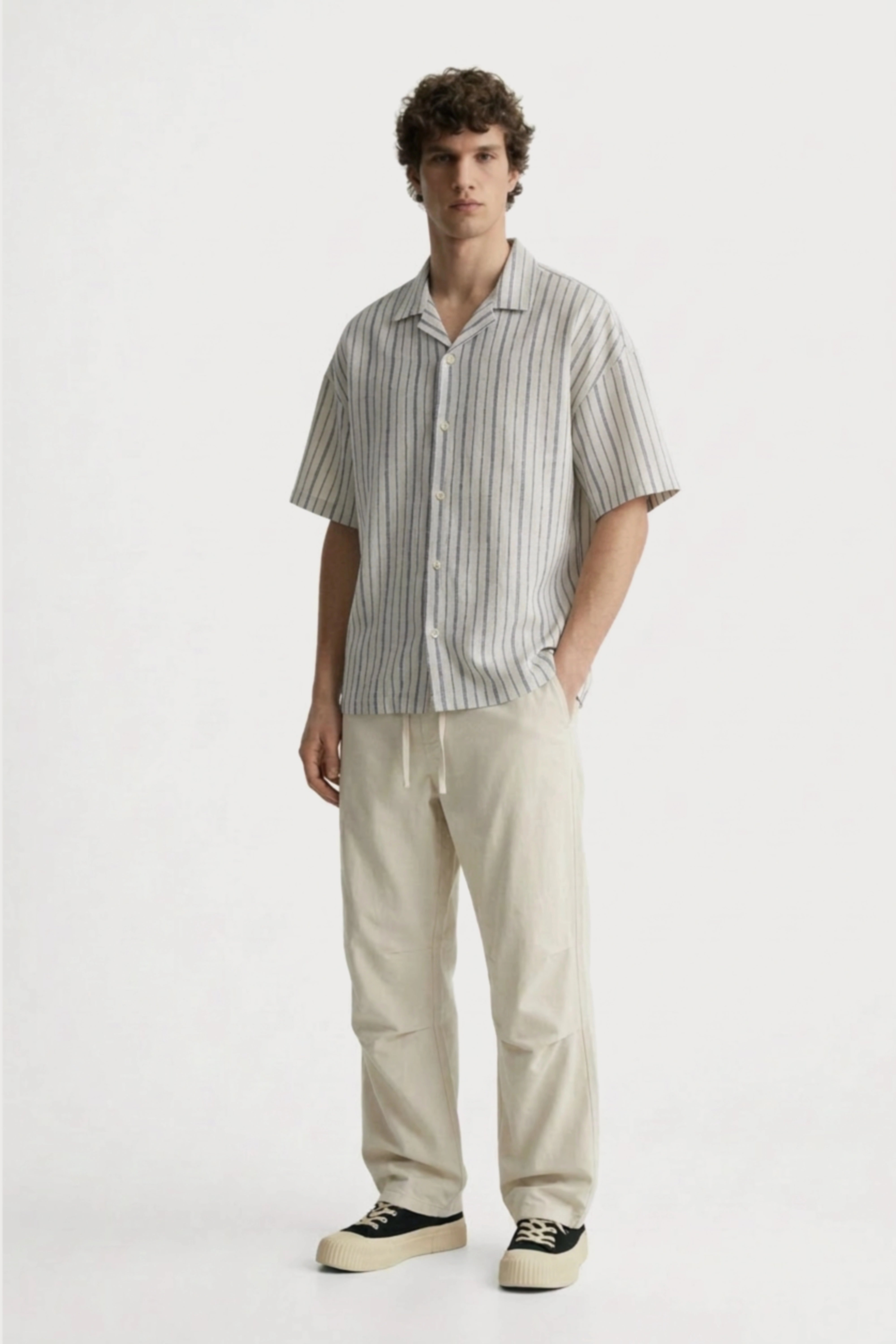 Men’s grey striped loosefit camp collar cotton shirt