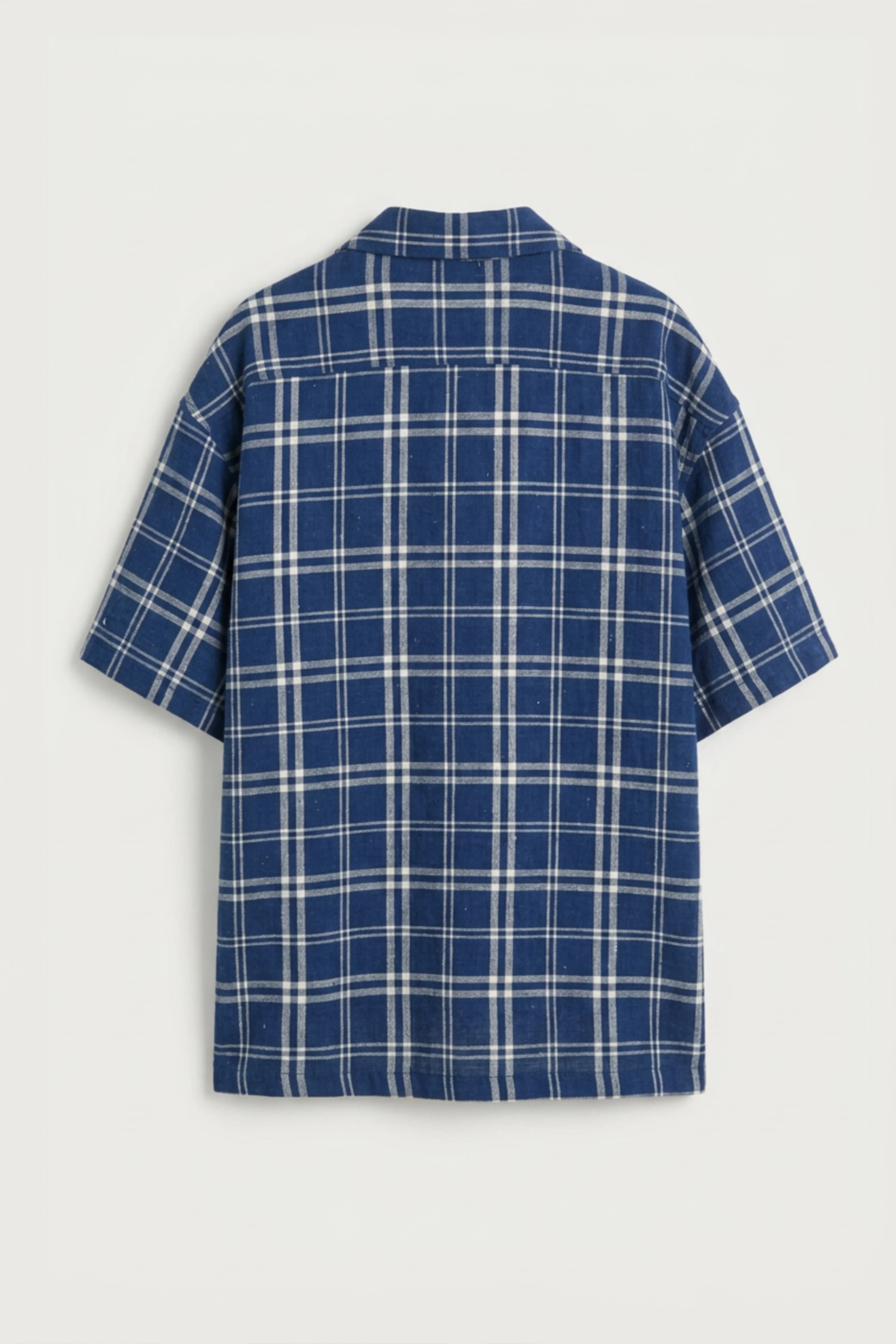 Men’s navy blue checked loosefit camp collar cotton shirt