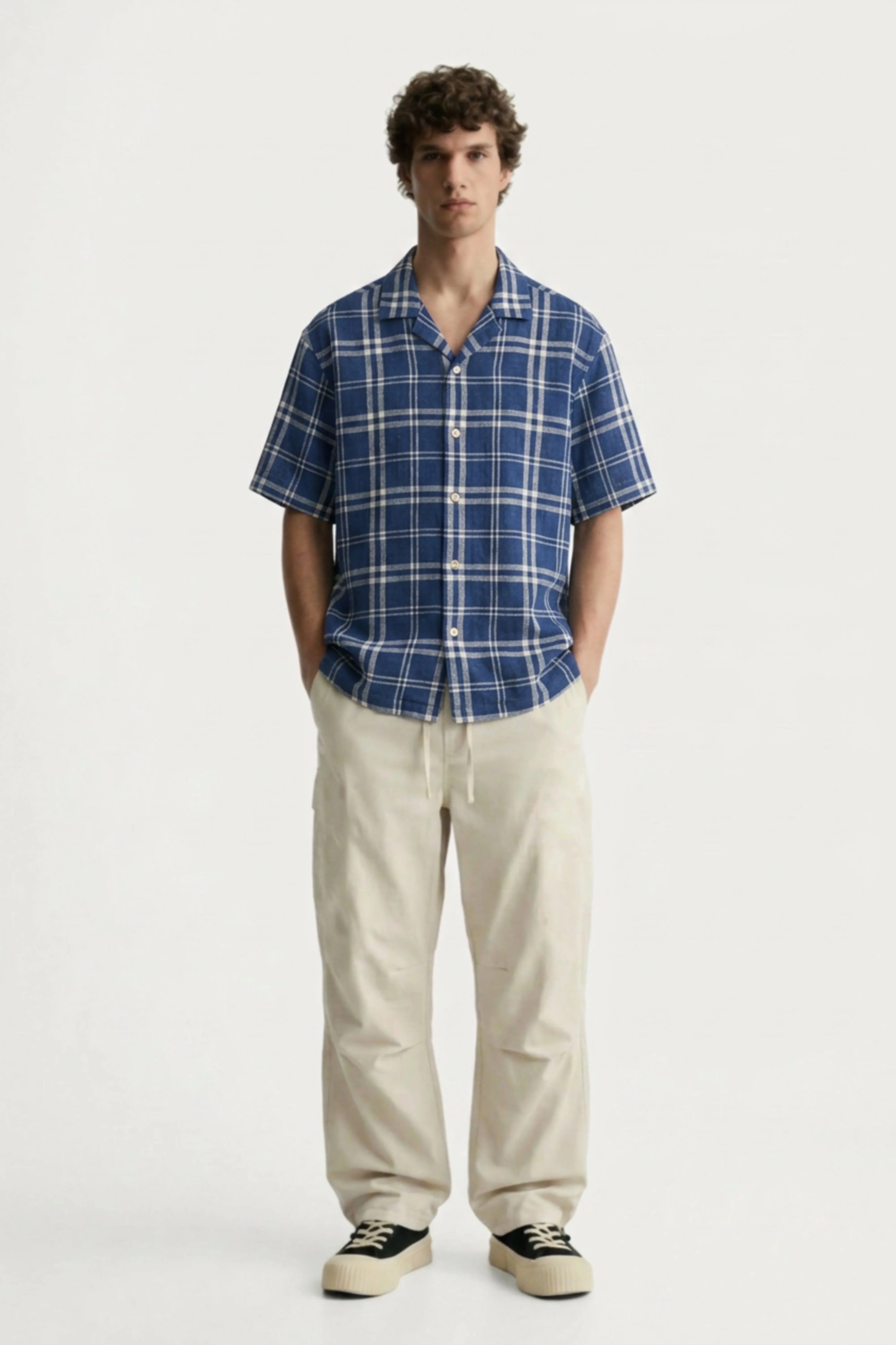 Men’s navy blue checked loosefit camp collar cotton shirt