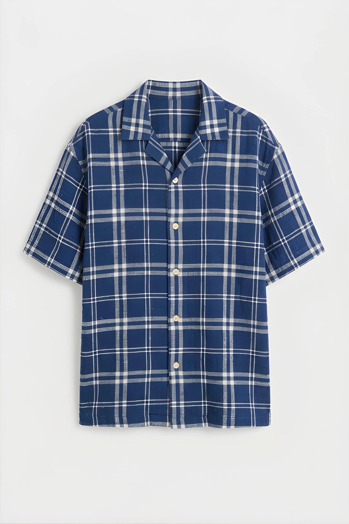 Men’s navy blue checked loosefit camp collar cotton shirt