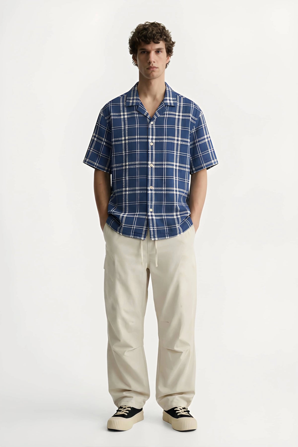 Men’s navy blue checked loosefit camp collar cotton shirt