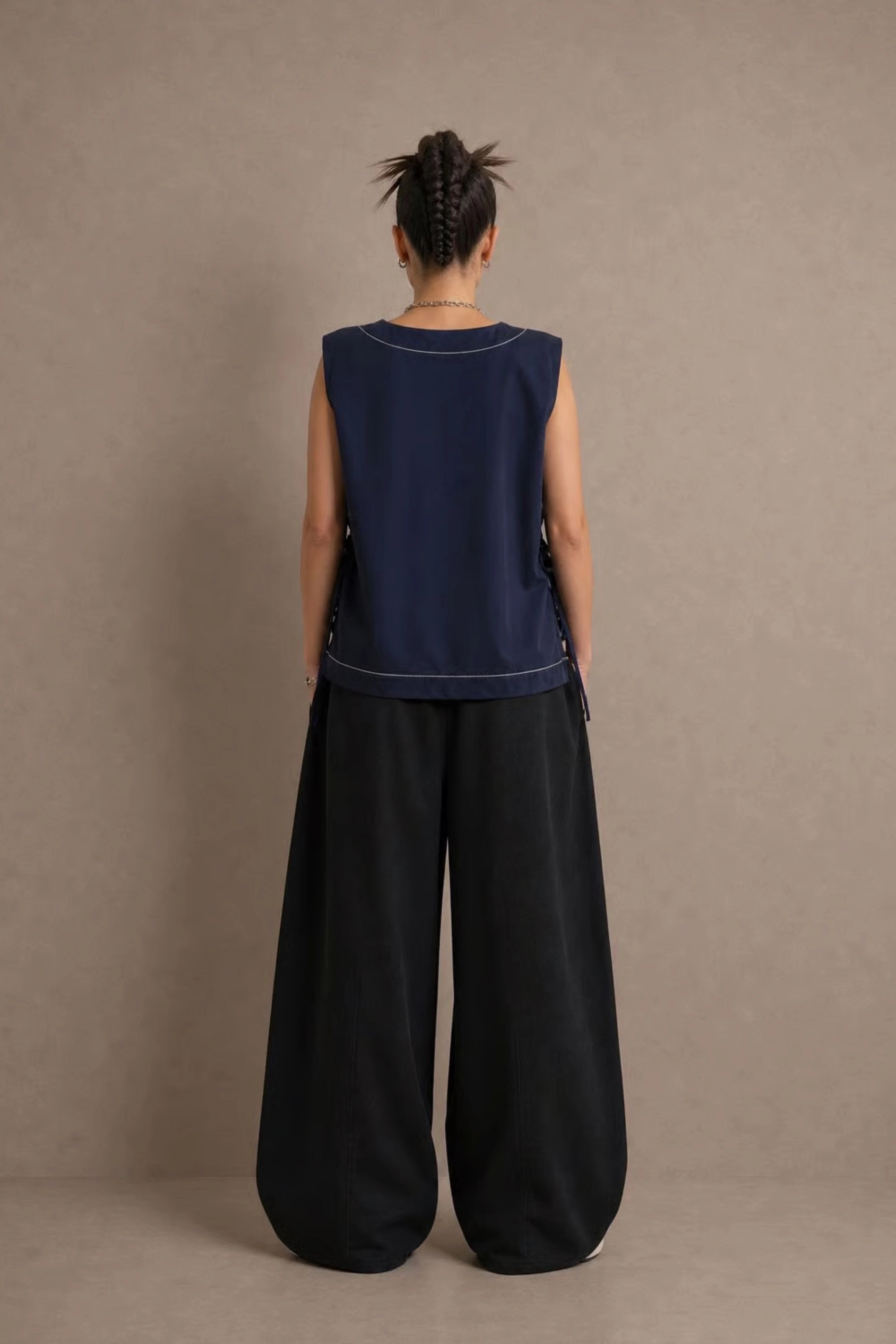 Women's Navy Blue Side-tie Cotton Top With Seam Details