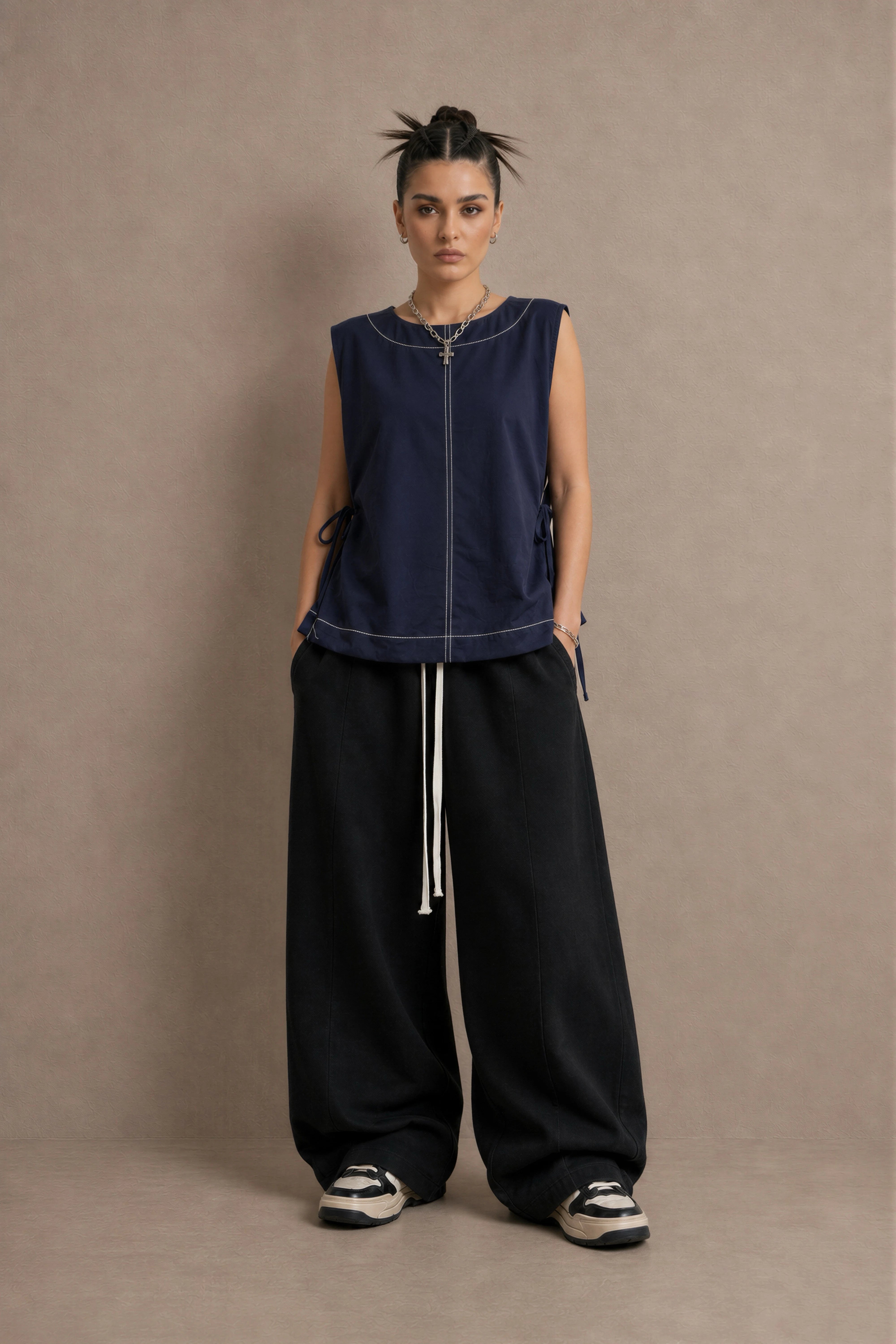 Women's Navy Blue Side-tie Cotton Top With Seam Details