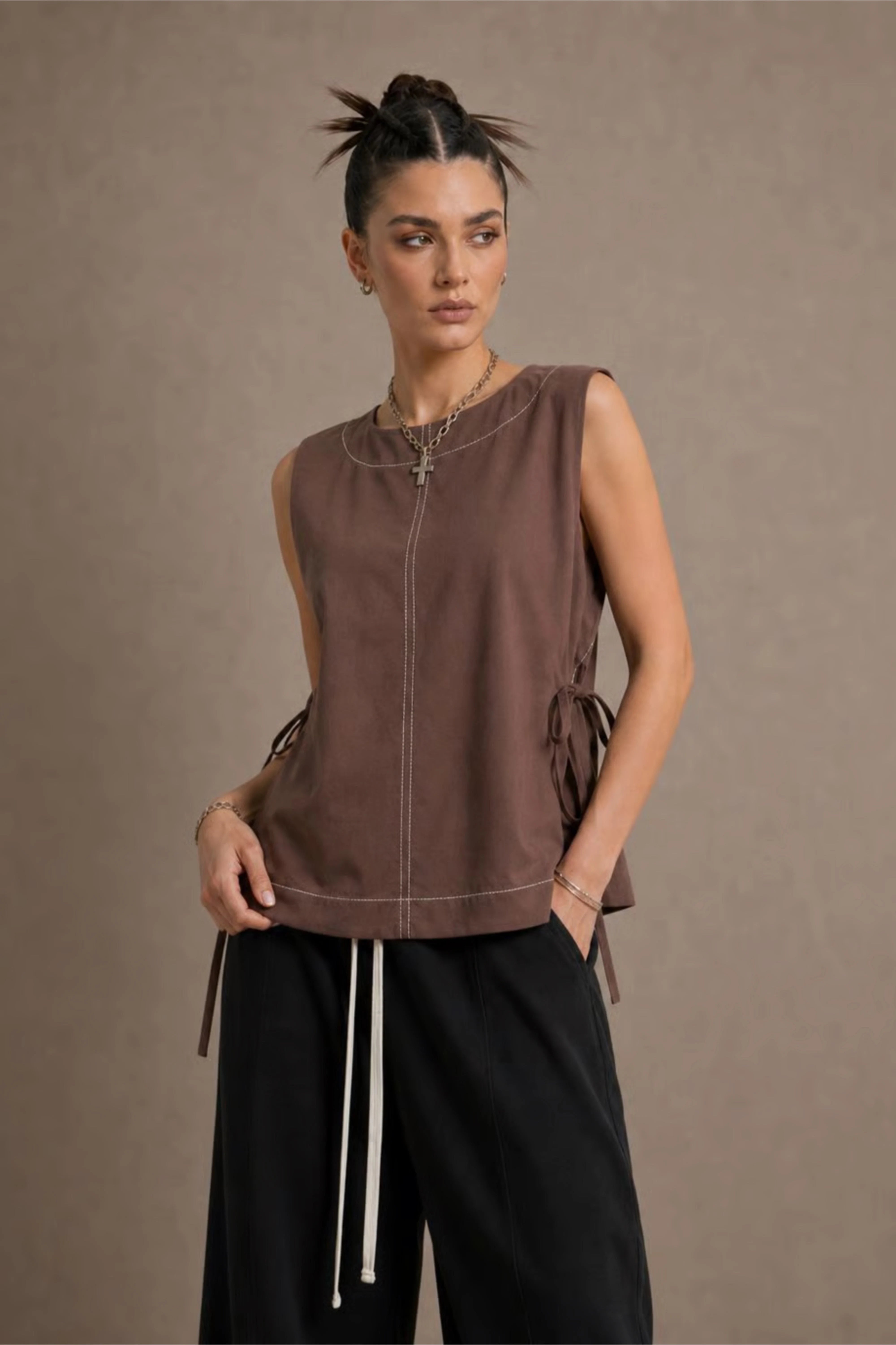 Women's Brown Side-tie Cotton Top With Seam Details