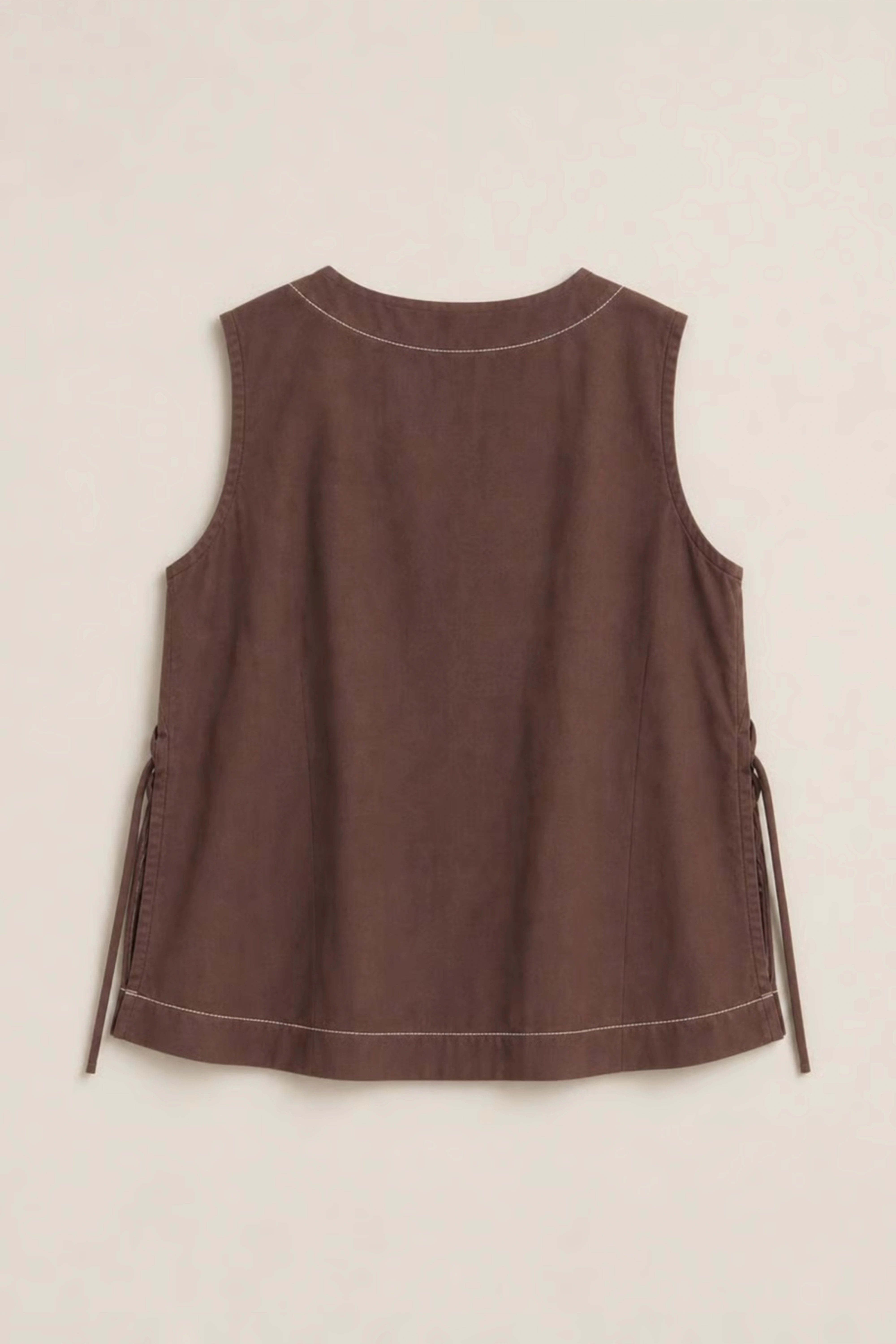 Women's Brown Side-tie Cotton Top With Seam Details