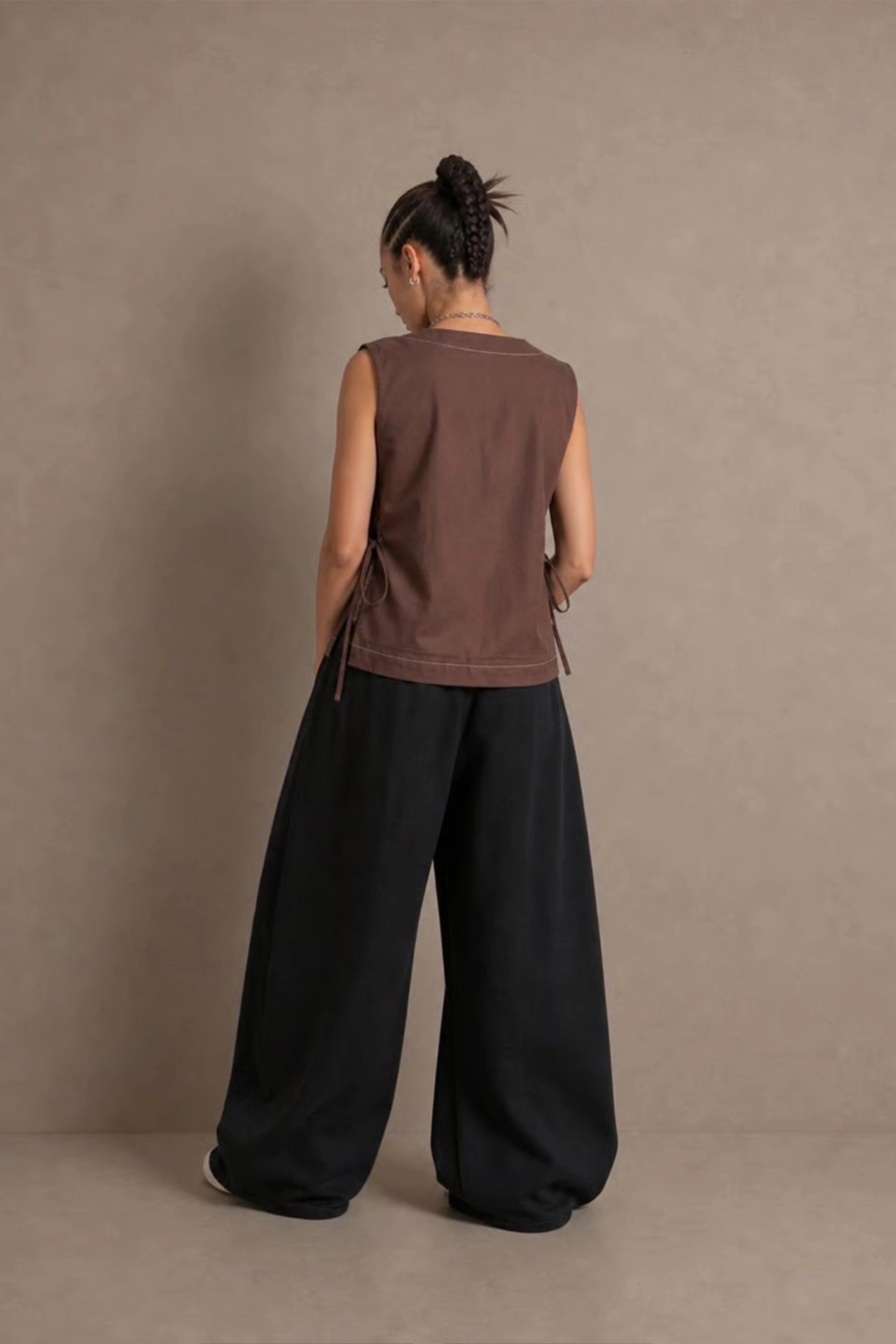 Women's Brown Side-tie Cotton Top With Seam Details