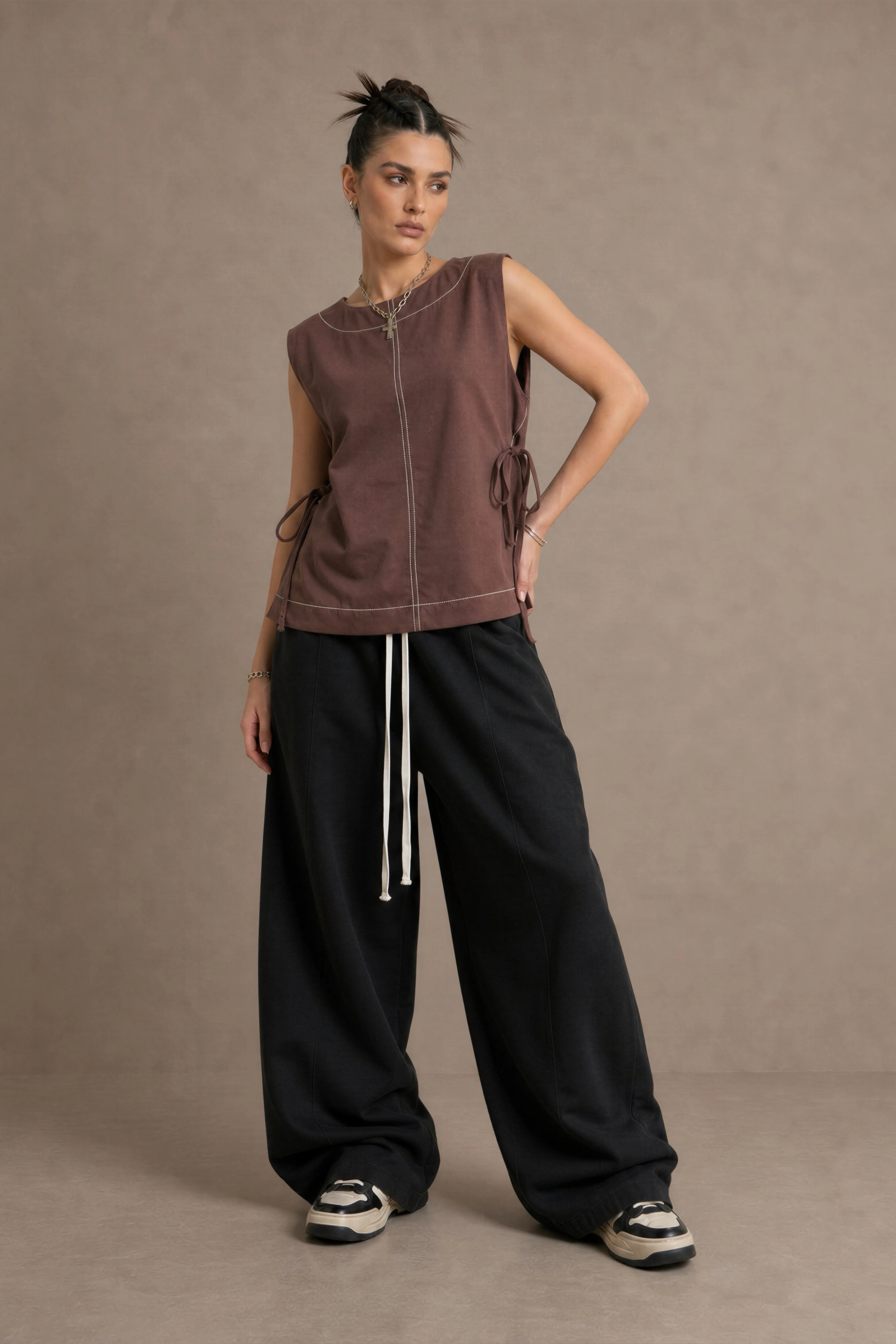 Women's Brown Side-tie Cotton Top With Seam Details